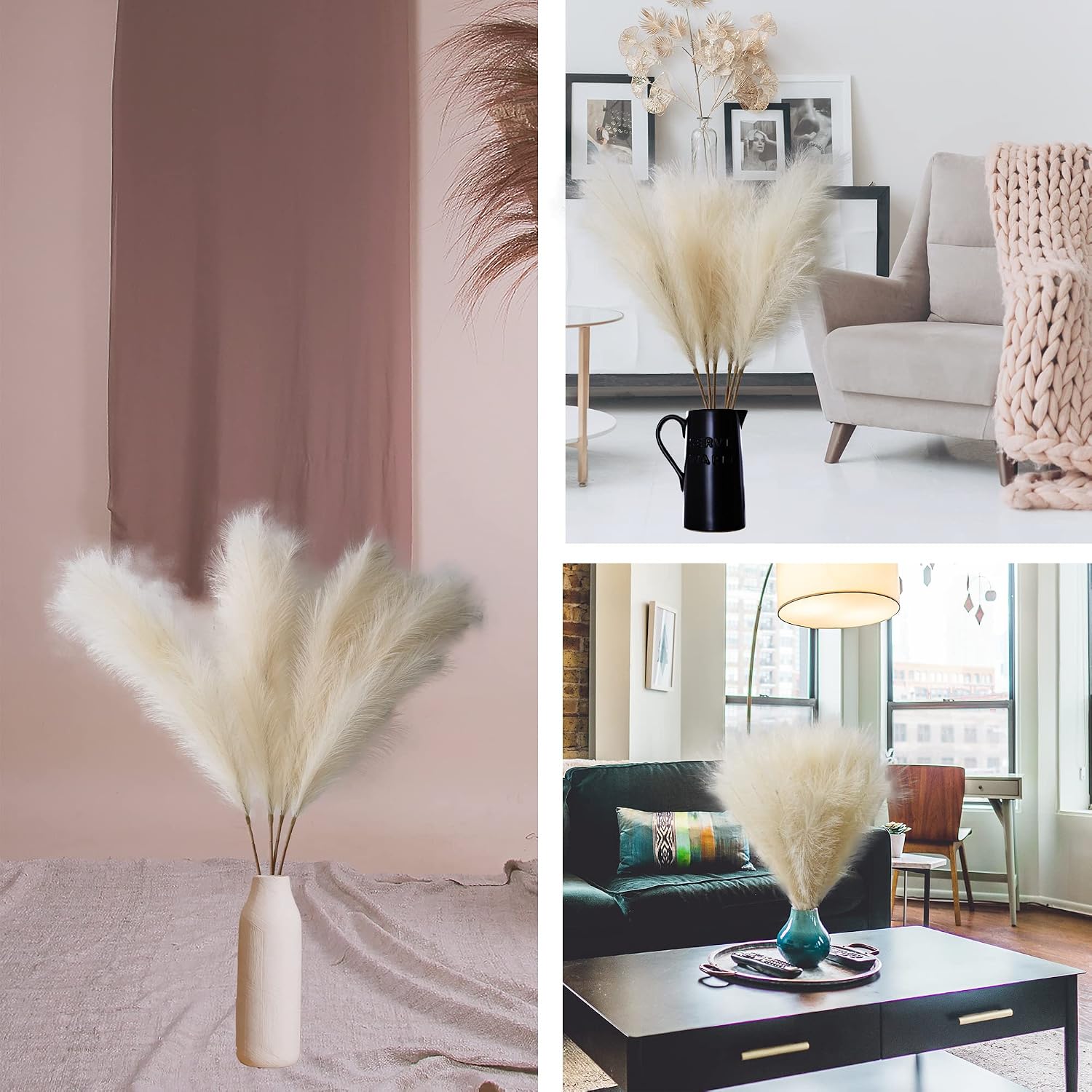 Non-Shedding Large Artificial Fluffy Reed Fake Flower Feather / Beige / 3.6 Inch / Set of 4