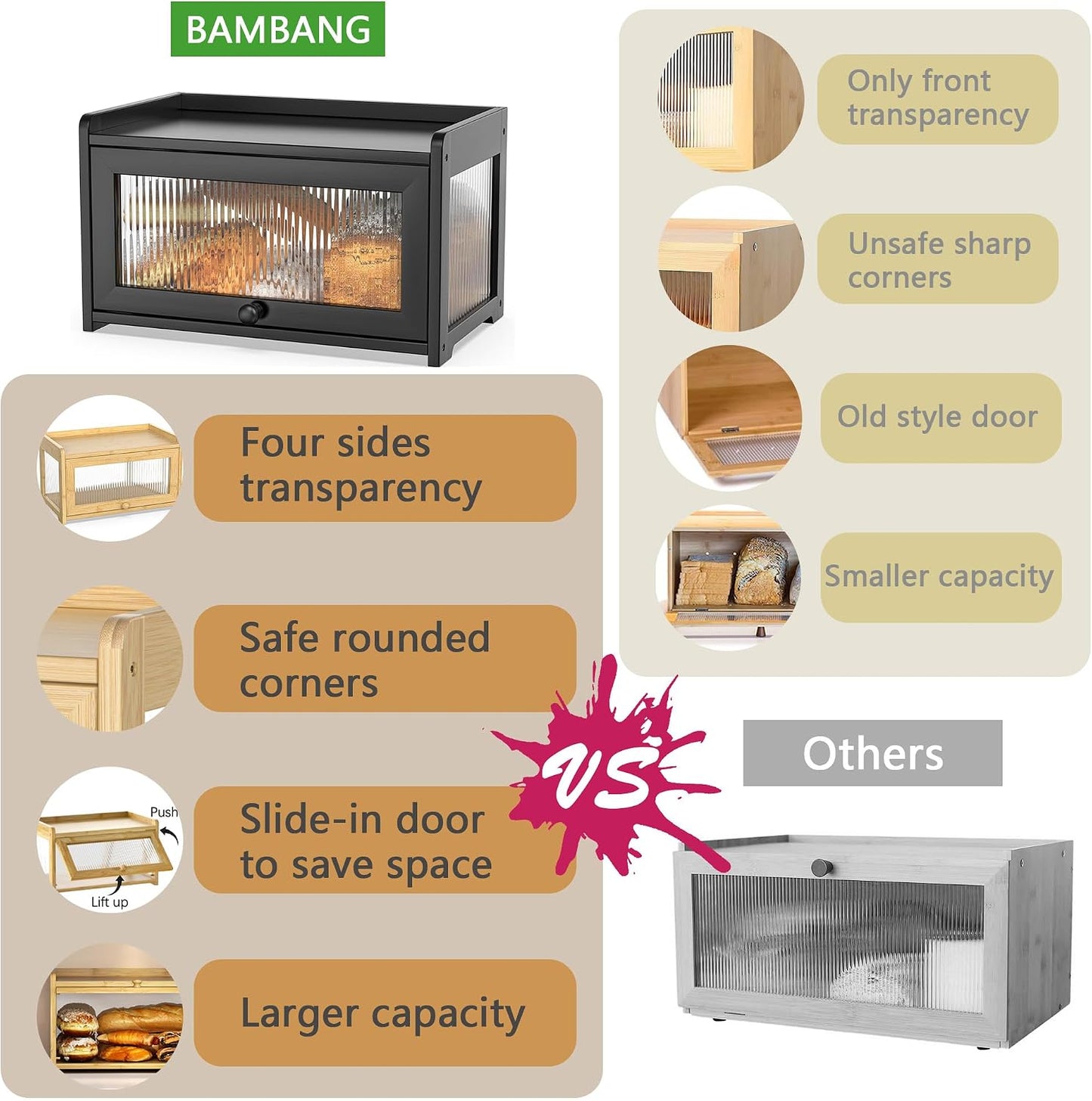 BAMBANG Bamboo Bread Box for Kitchen Countertop, Extra Large Farmhouse Bread Box with 4-Side Clear Panels, Wooden Bread