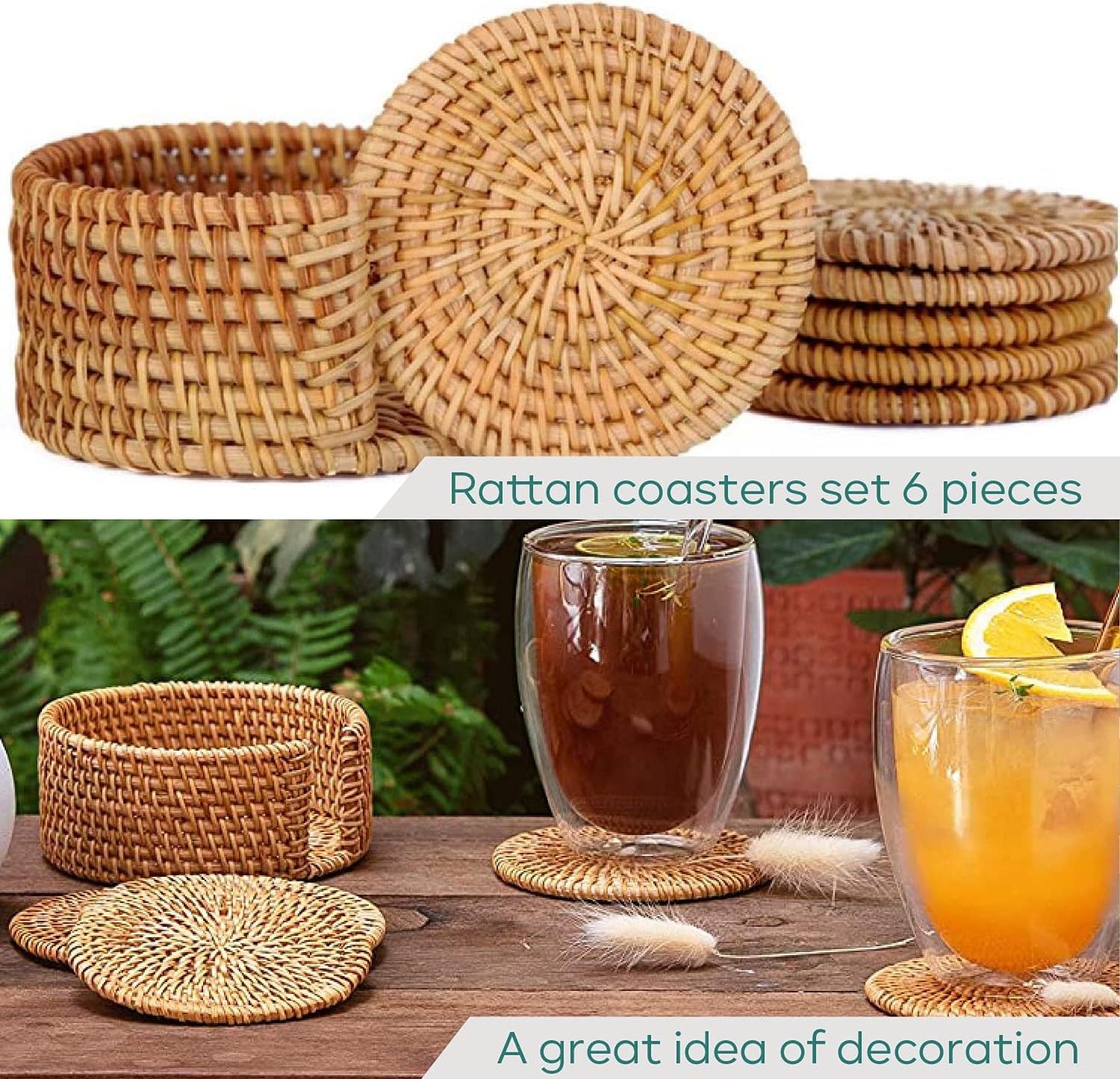 Holder / Wicker Boho Woven Coasters / Natural / Set of 6