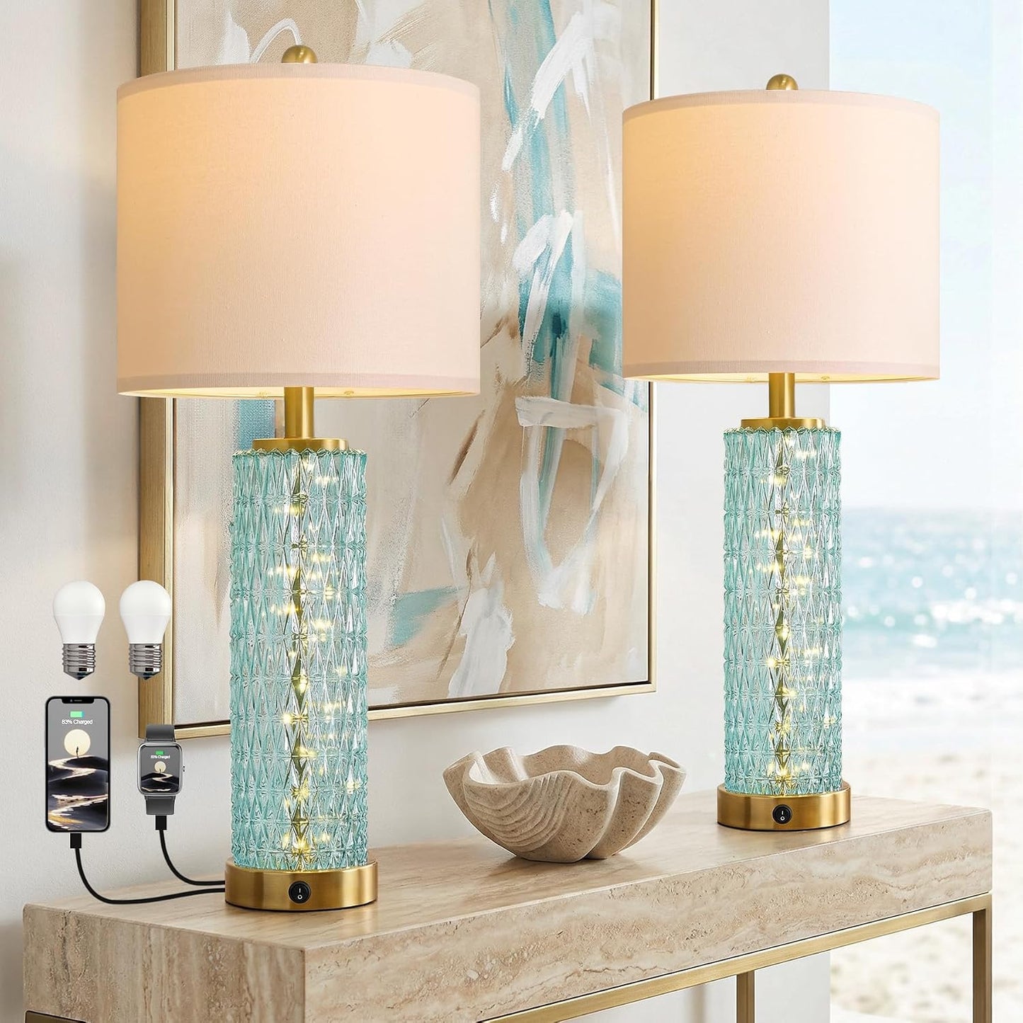 PoKat 23" Light Blue Table Lamps Set of 2, Modern Bedside Lamps for Bedroom, Coastal Ceramic End Table Lamps for Living