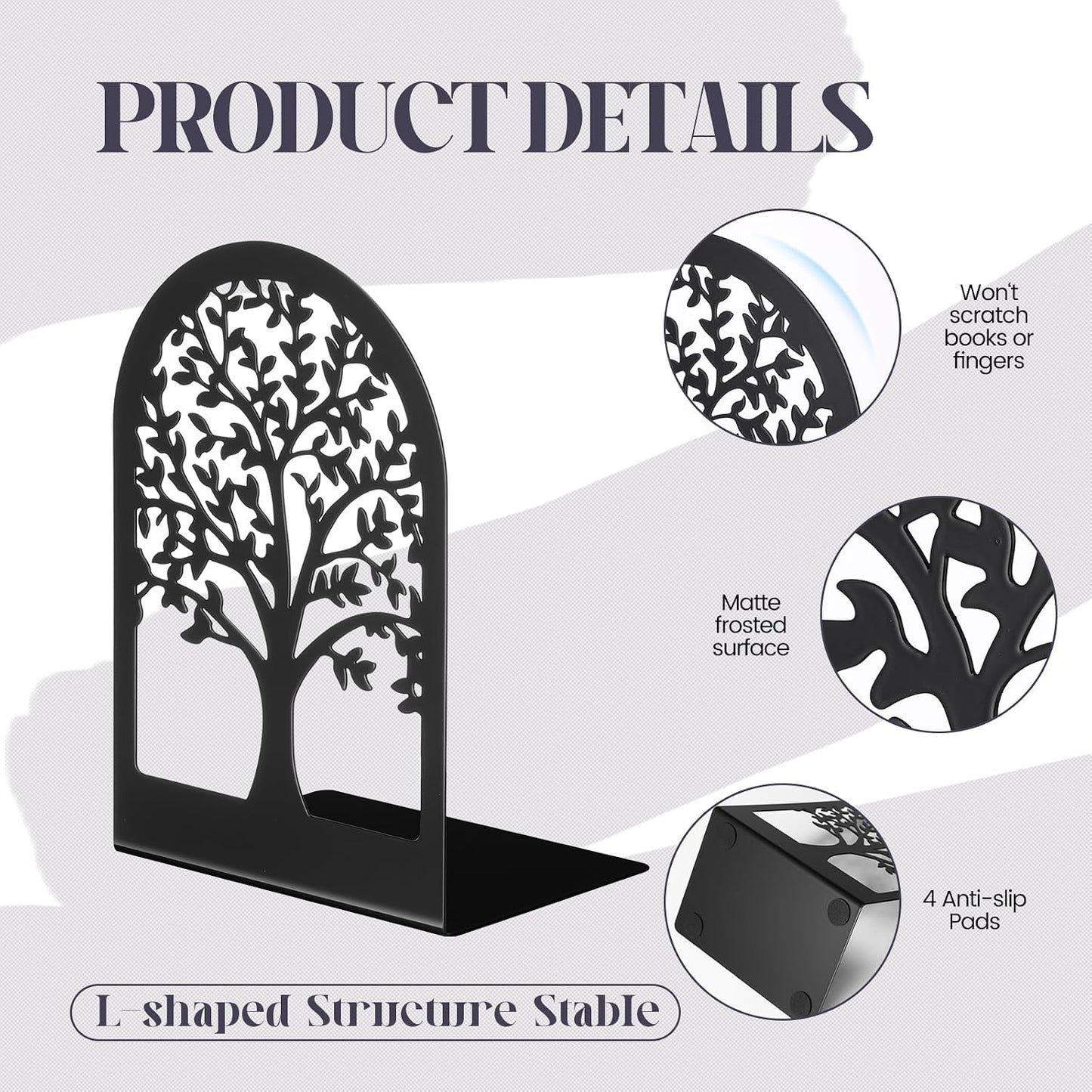 6 Pairs Decorative Book Ends Metal Bookends / Tree and Flower / Black