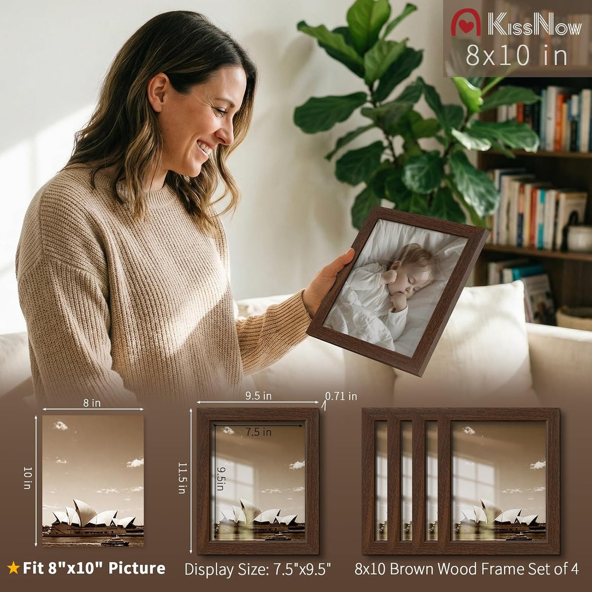 8x10 Picture Frame 4 Pack, Brown Solid Wood Photo Frame with Glass | Tempered Glass, Thick & Wide Border, Vertical or