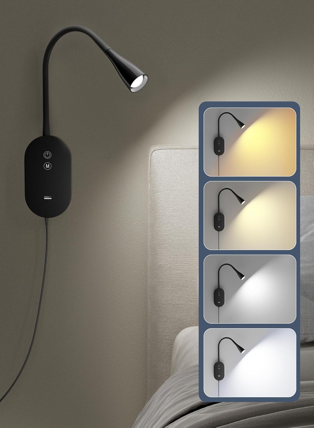 Wall Reading Light for Bed, CRI95+ LED Lamp,USB Charging,Memory Black | Comfortable bedside lighting with natural