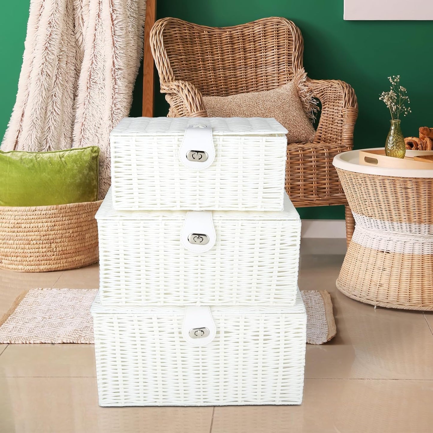 Woven Basket / Wicker Storage Baskets / White / Set of 3
