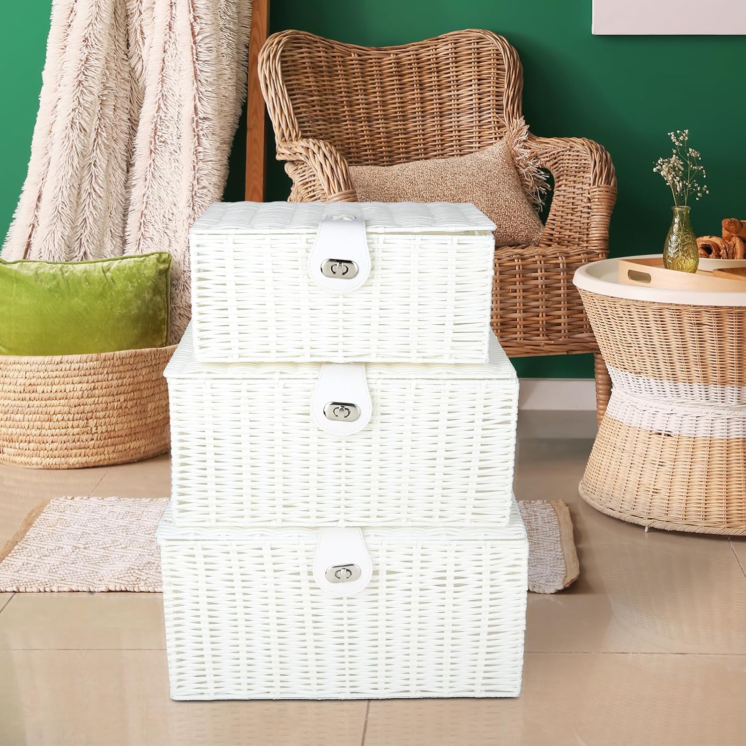 Woven Basket / Wicker Storage Baskets / White / Set of 3