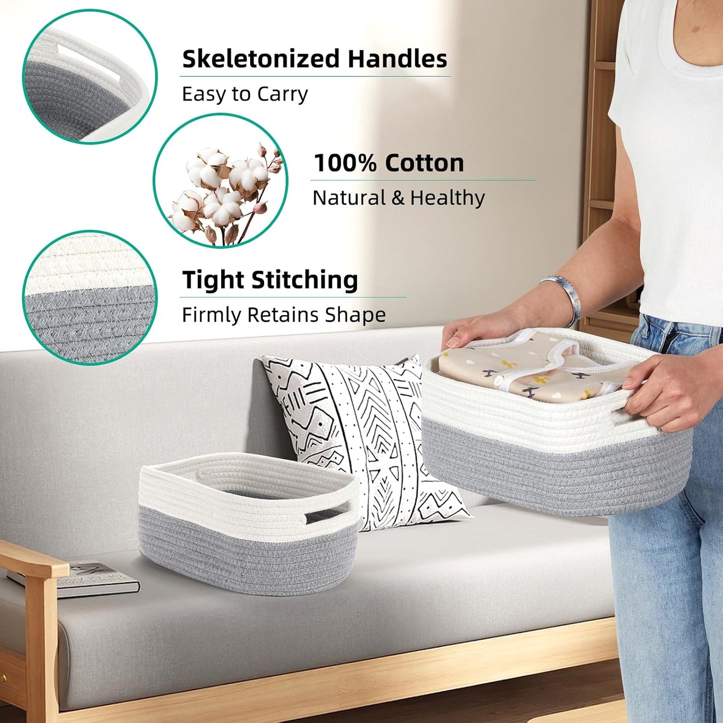 Small Cotton Rope Storage Baskets for Organizing Woven / 11.8 x 7.8 x 5 / White&grey / Set of 3