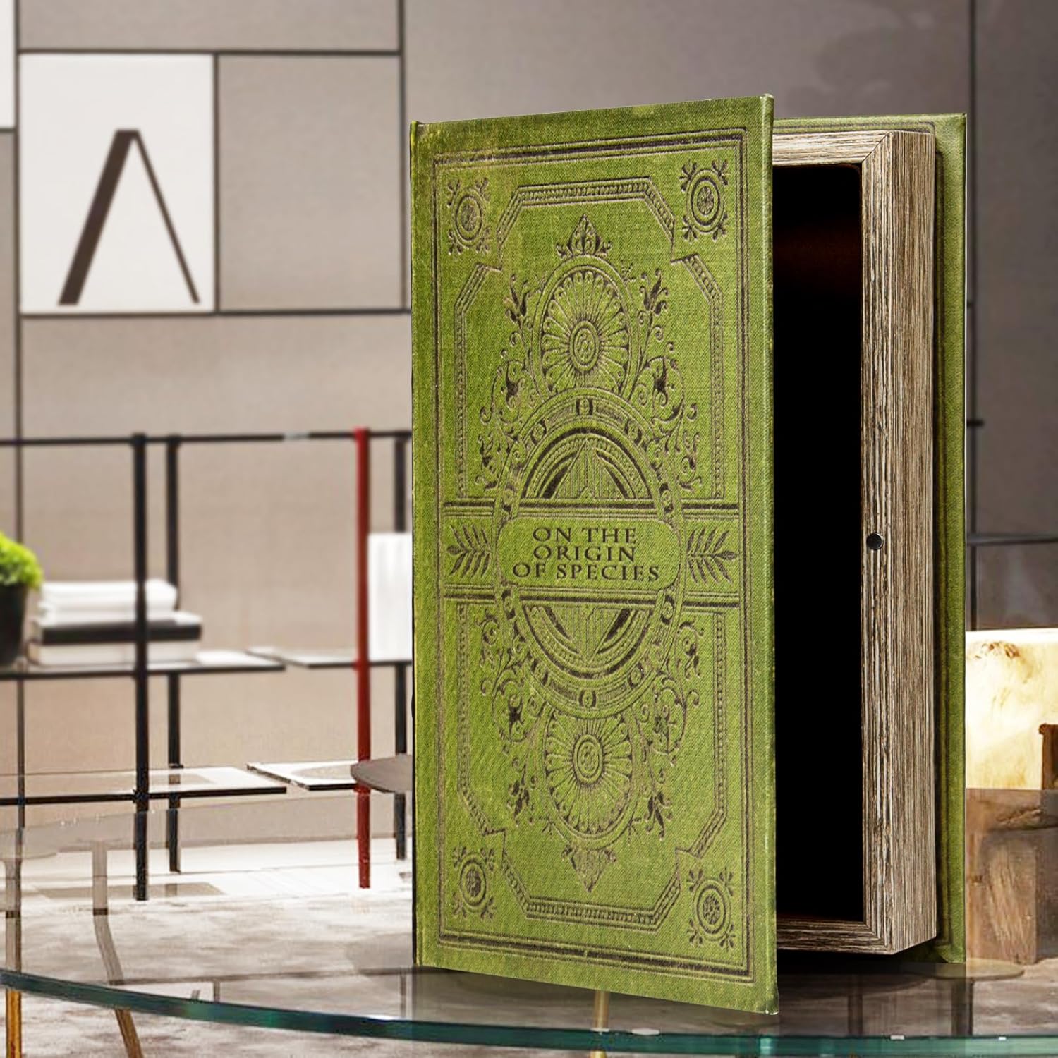 Vintage Style Olive Green Faux Leather Embossed Book Box / Green Leather-size:m