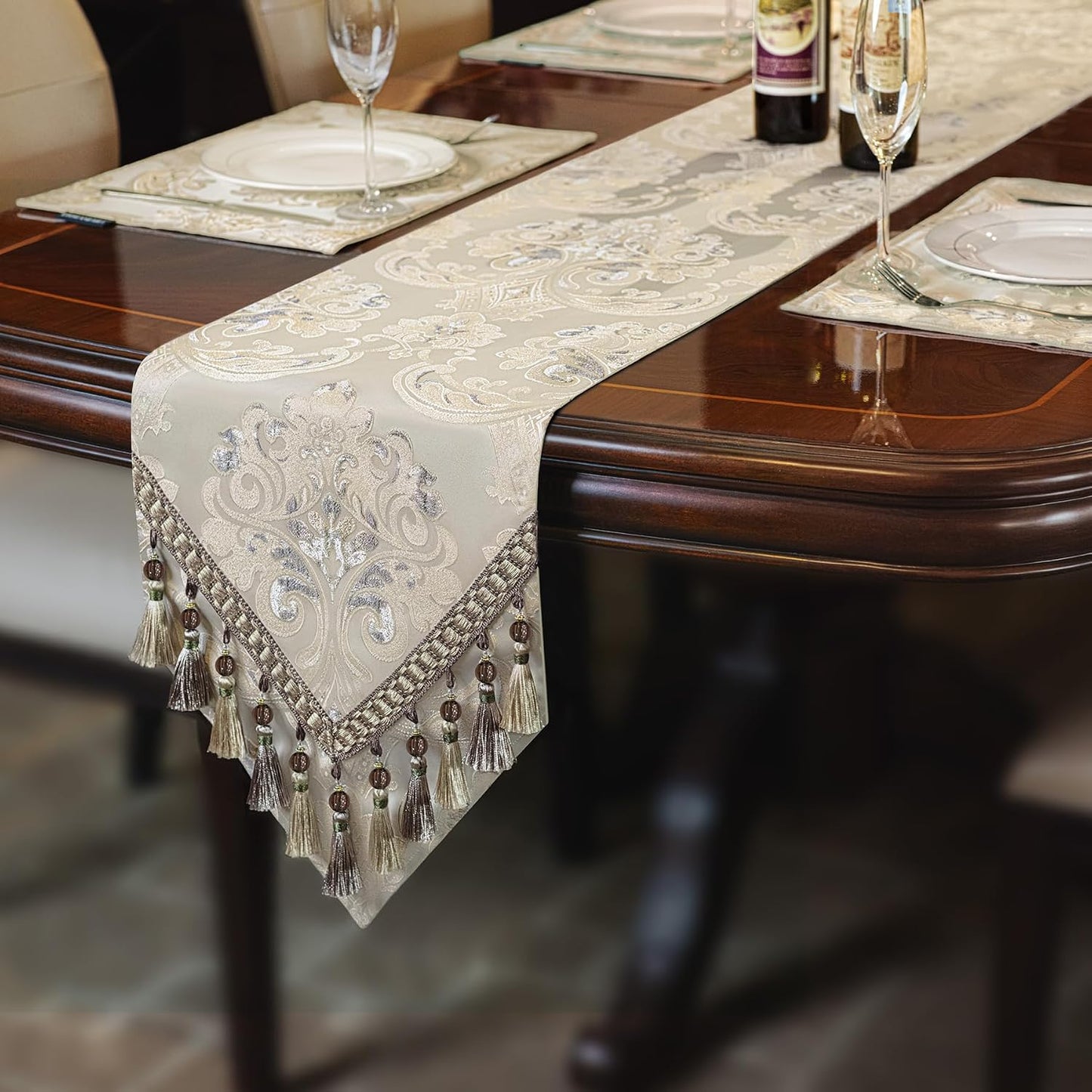 Loom and Mill Luxury Jacquard Table Runner 72 Inches Long, Light Apricot | Damask Floral Dining Table Runner with
