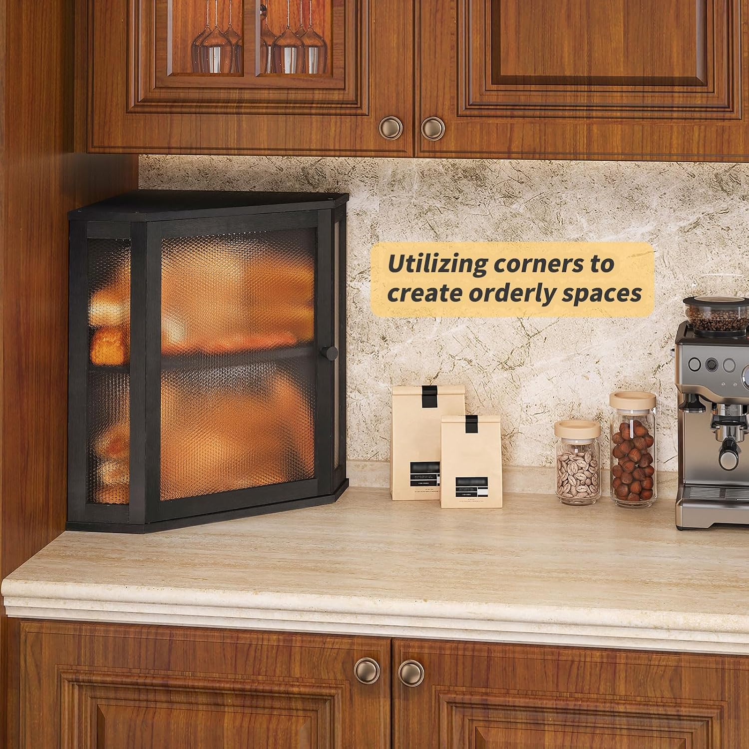 Corner Bread Box for Kitchen Countertop,Bread Storage for Homemade Bread, Double Layer Large Bamboo Kitchen Storage Bin