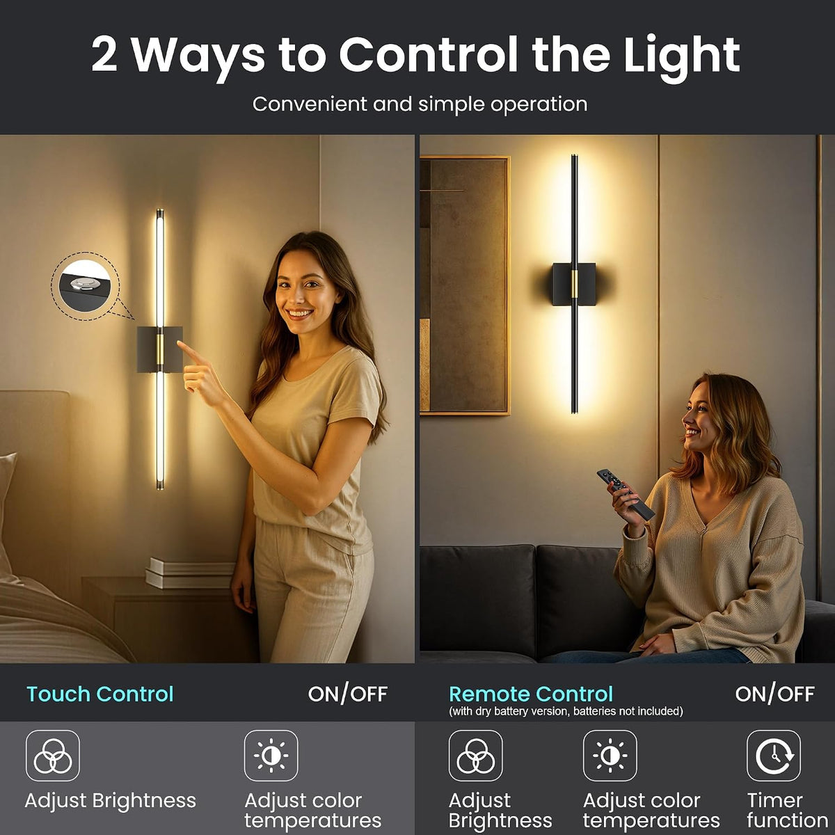 10000mAh Battery Operated Wall Sconces Set of 2, Black Gold-29Inch | 3CCT, Renter Friendly, Rechargeable, Remote, 360°