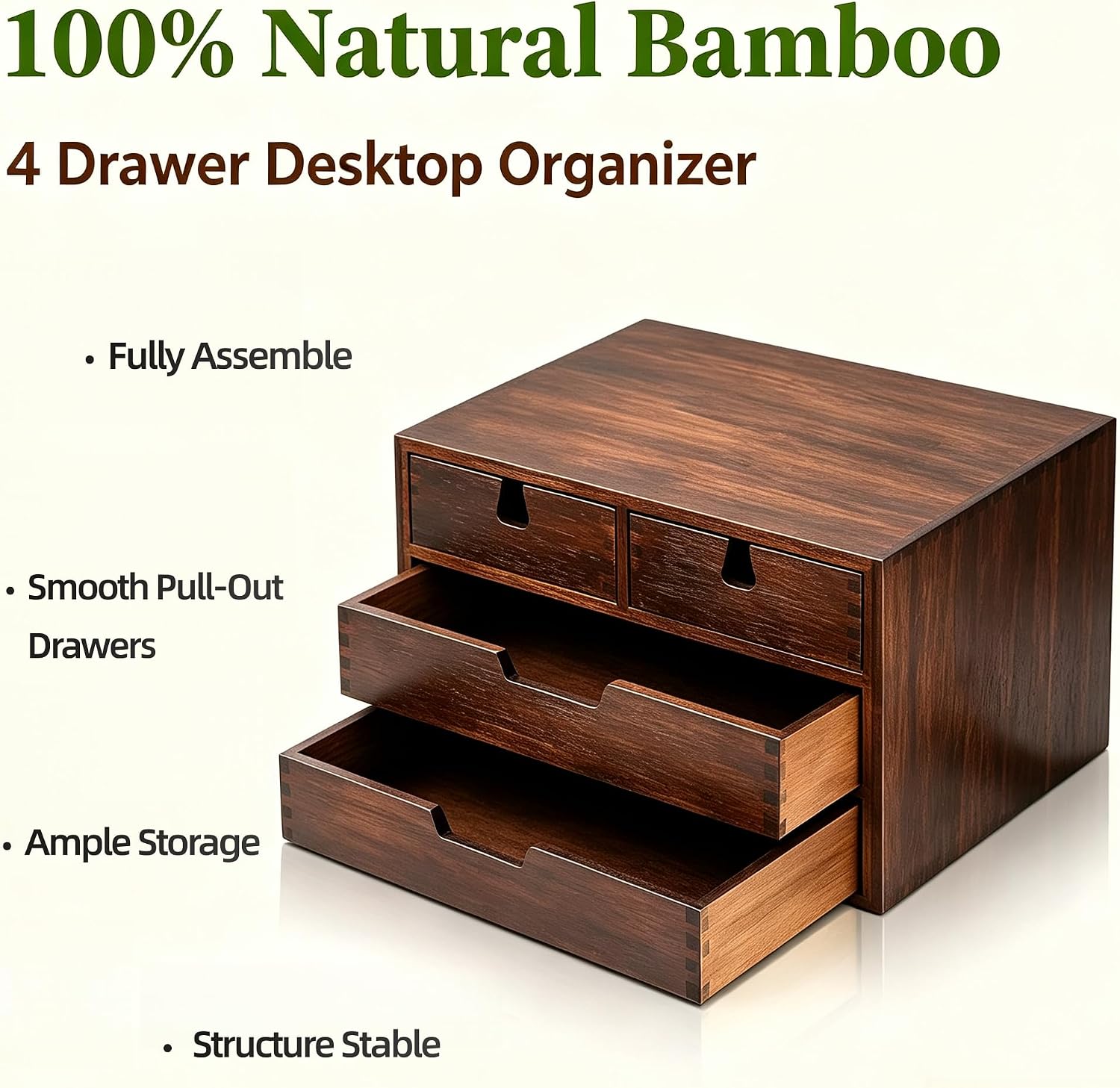 Bamboo Desk Organizer, 100% Natural Bamboo Desktop Drawer Organizer, Dark Brown Tabletop Storage Cabinet Organization