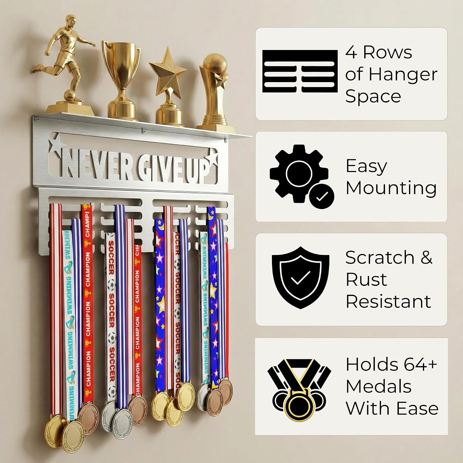 AGATHOS HOME Medal Hanger Display with Trophy Shelf - Metal Awards Rack for Walls Holds 64+ Sports Medals- Our Never