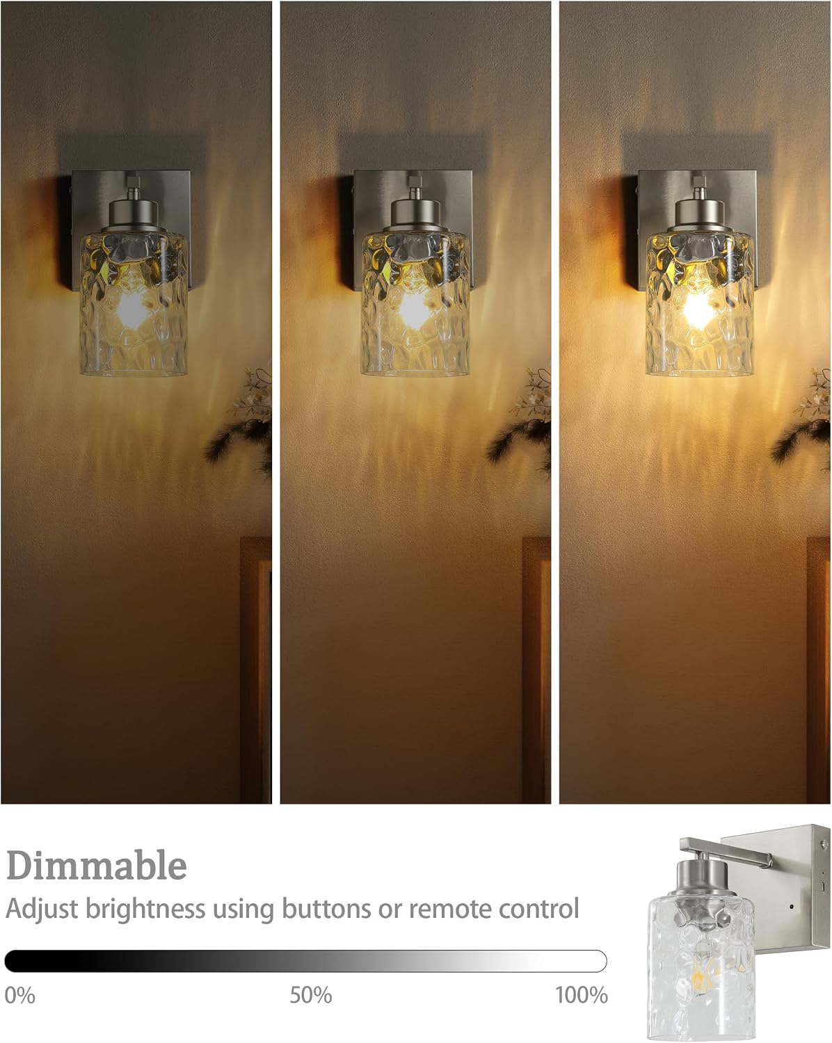 Hammered Glass Wireless Battery Operated Wall Sconces Set of Two Nickel | Dimmable Rechargeable Wall Lights with Remote