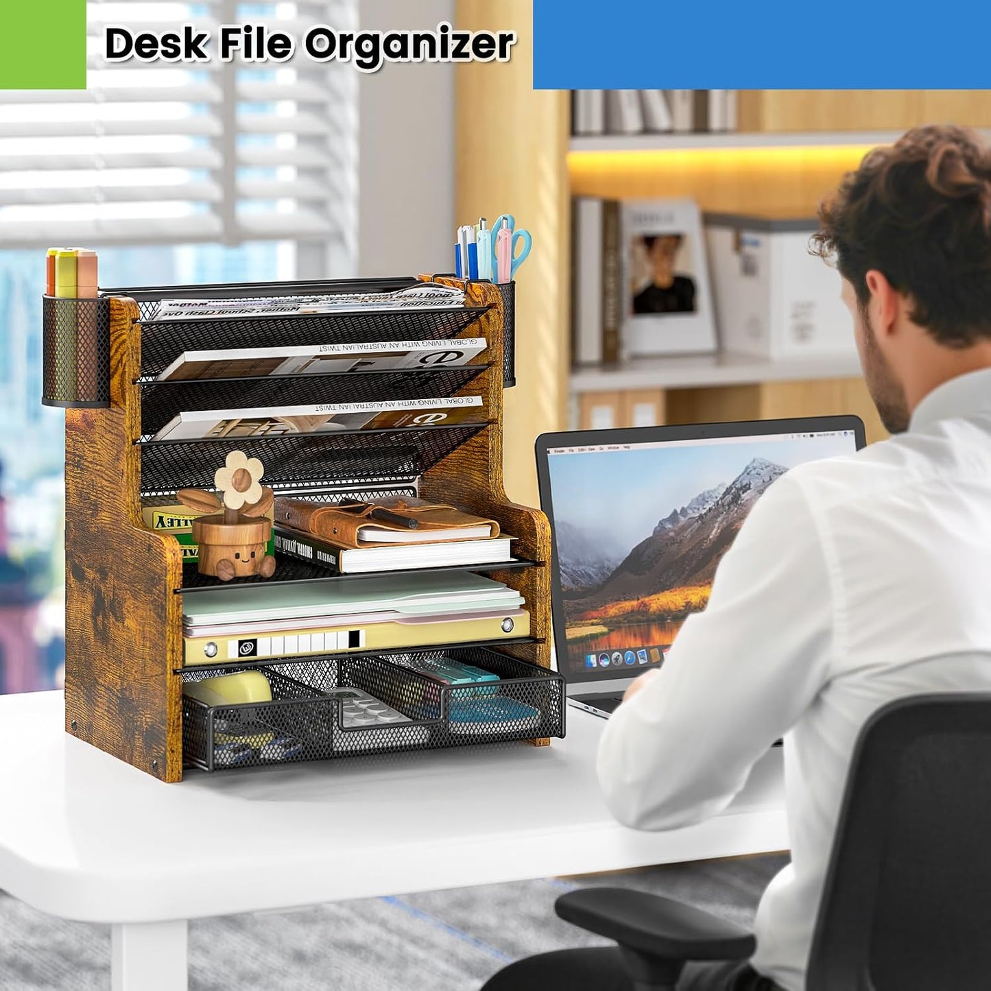 DAOUTIME 6-Tier Mesh Desk Organizer with Drawer, Wooden Office Organizer for Papers, Folders & Office Supplies - Sturdy