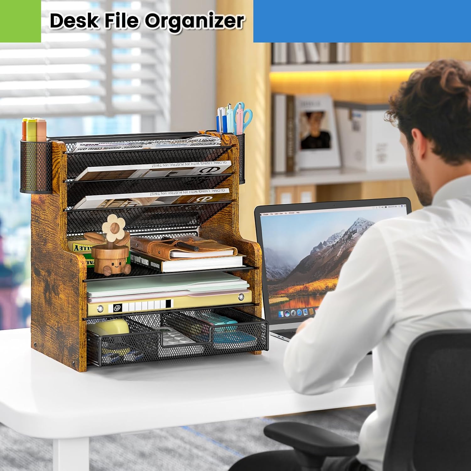 DAOUTIME 6-Tier Mesh Desk Organizer with Drawer, Wooden Office Organizer for Papers, Folders & Office Supplies - Sturdy