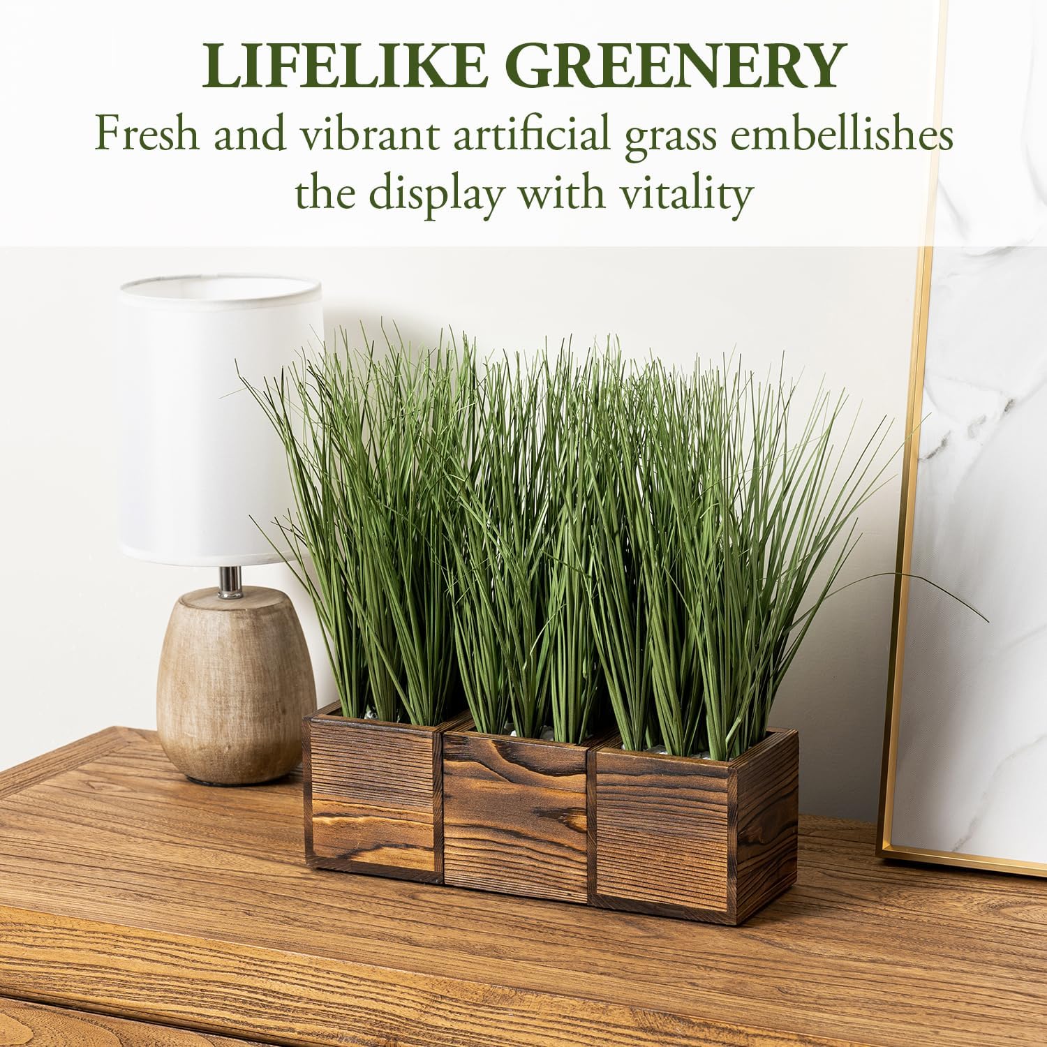 Artificial Grass Plants Trio in Rustic Burnt Solid Wood Planter Boxes / Burnt Wood / Green / 4 Inch