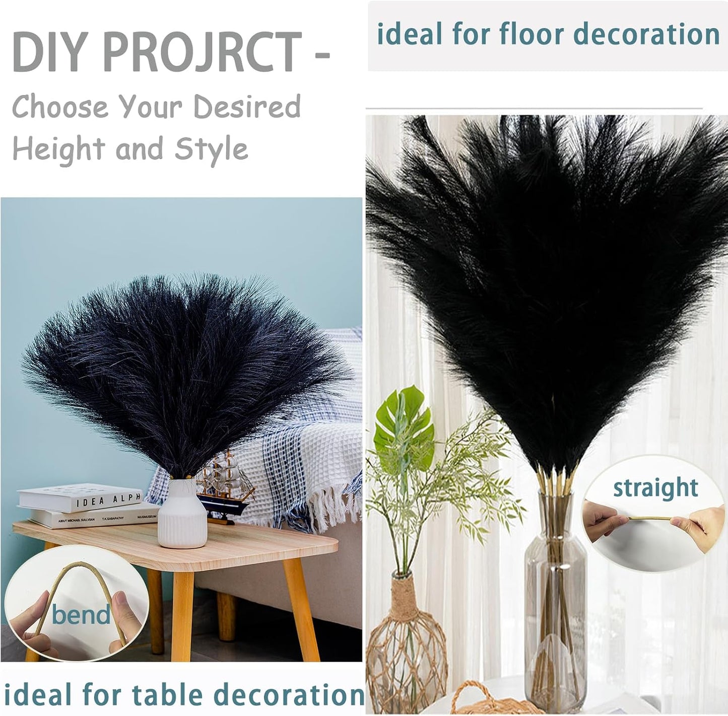 Faux Pampas Grass Artificial Tall Pampas Grass Bouquet Flower Arrangement / Black