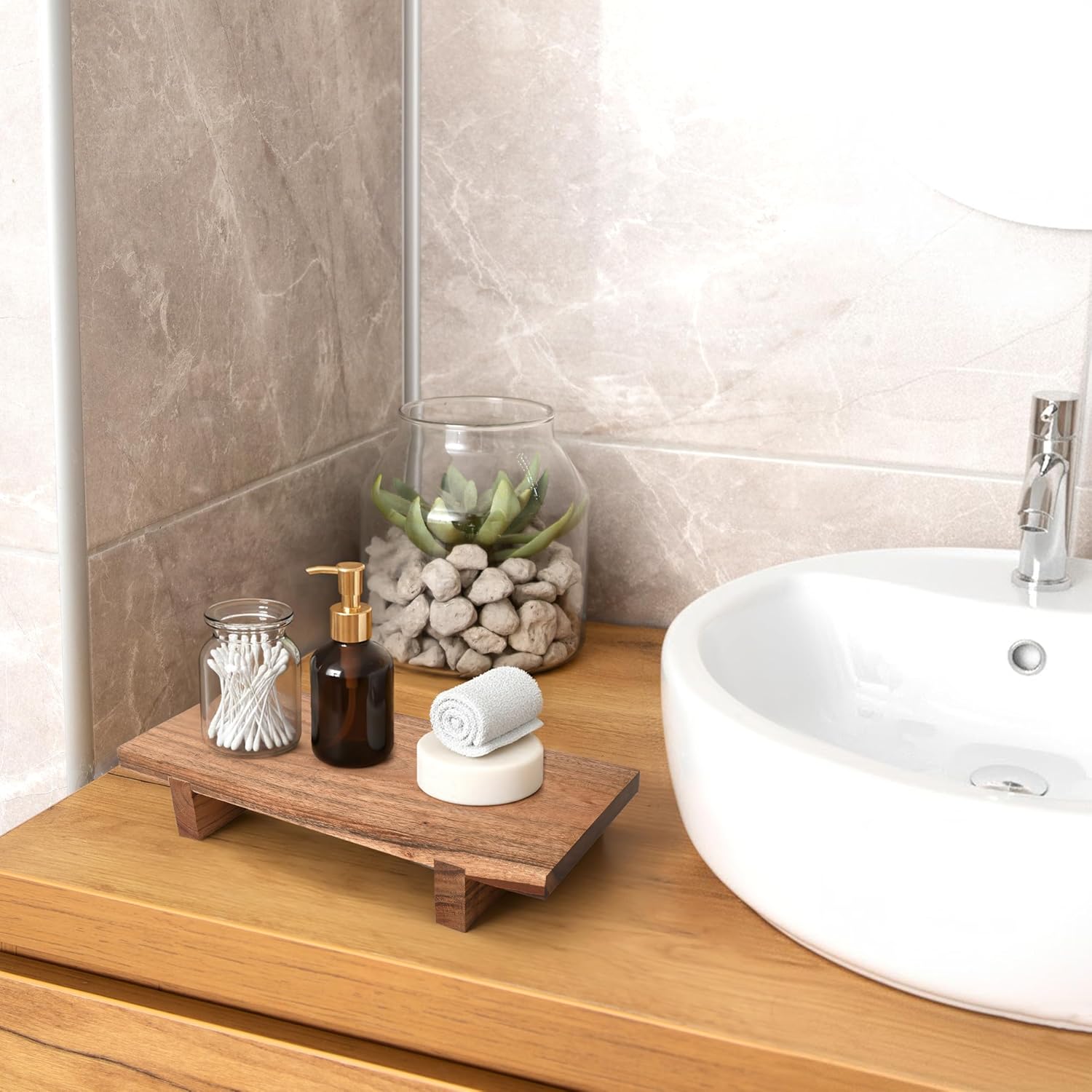 Wood Tray Pedestal Stand Farmhouse Bathroom Decor Decorative Wooden Riser Kitchen Soap Dish Holder