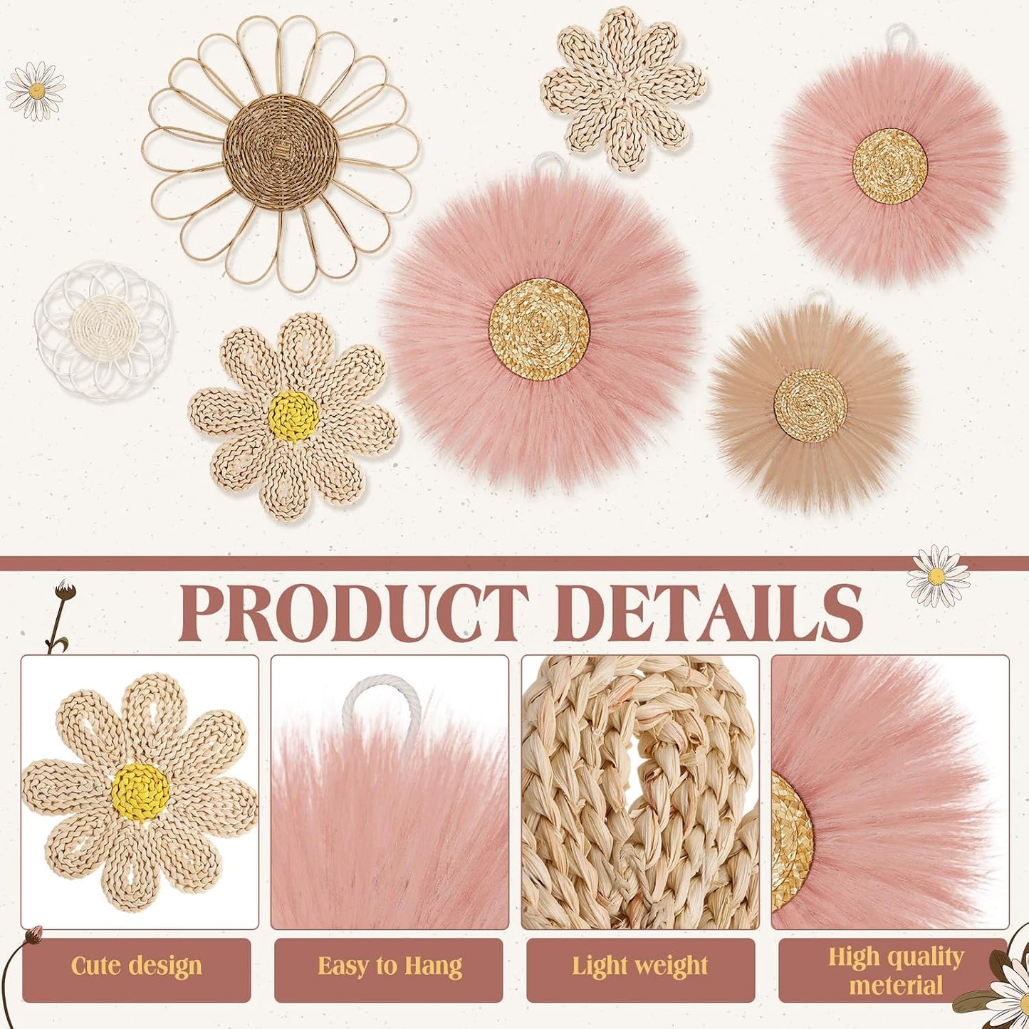 Boho Wall Basket Decor Rattan Flower Wall Decor Nursery Daisy Flower Woven / Dark Pink / Set of 7