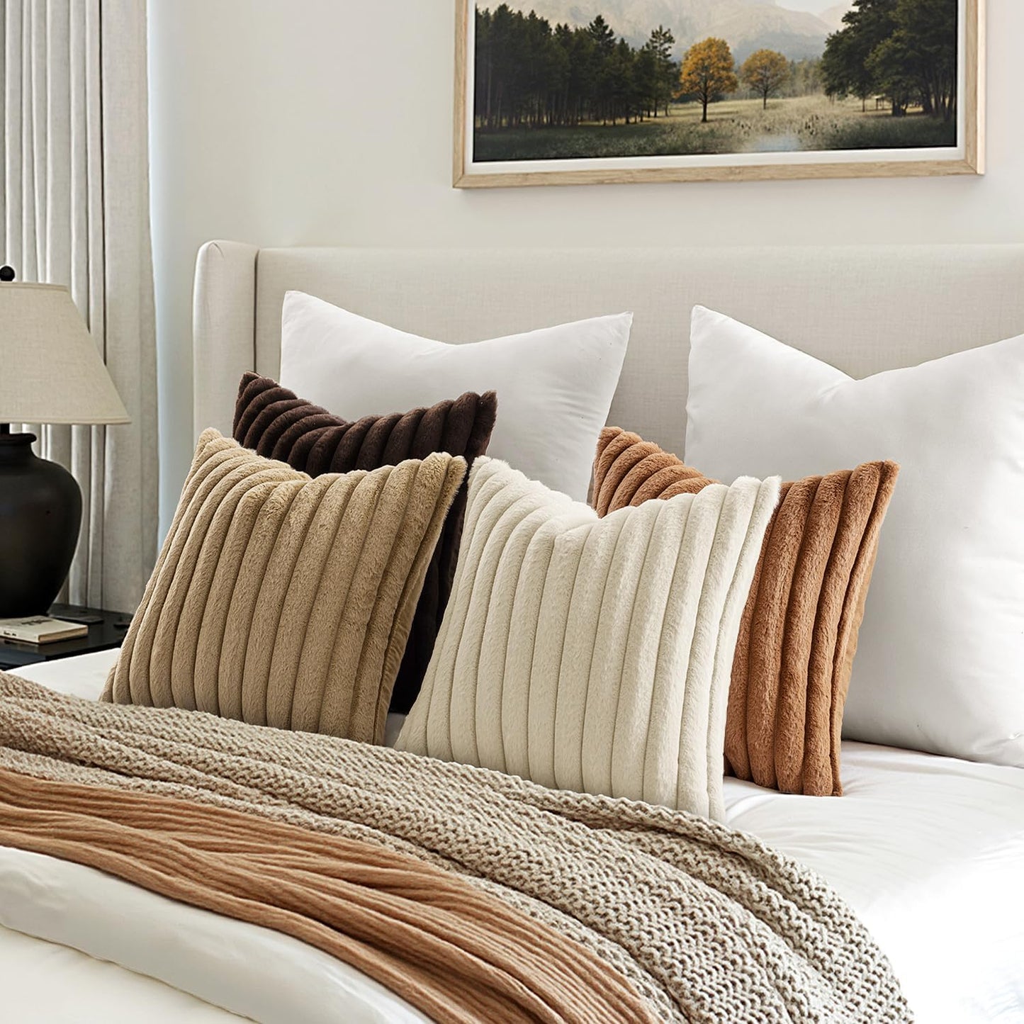 Faux Fur Plush Decorative Throw Pillow Covers / 18 x 18 / Brown / Set of 4