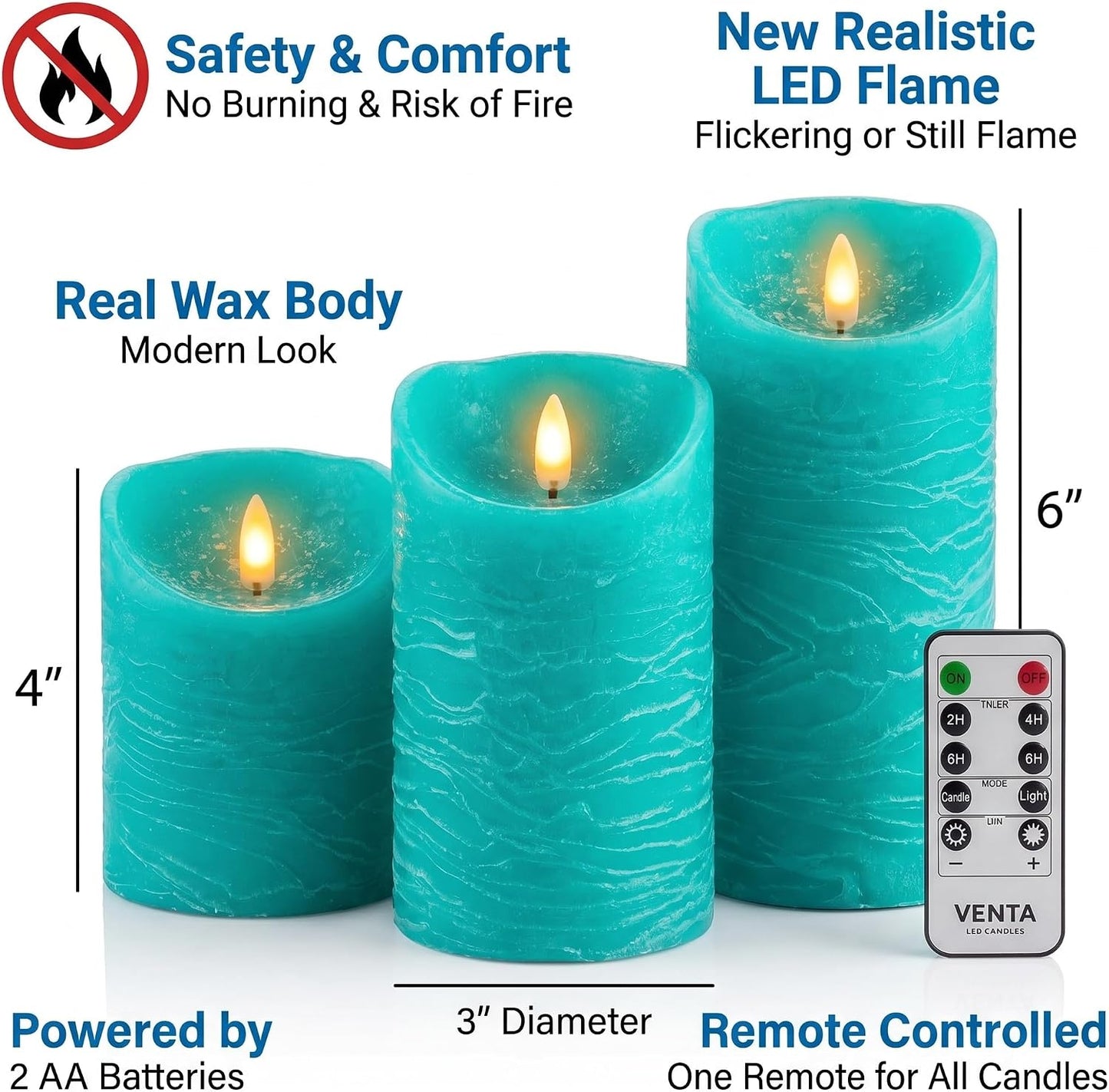 VENTA Turquoise Real Wax Flameless Candles, Set of 3 | Realistic Teal LED Pillar Candles with Remote & Timer | Perfect