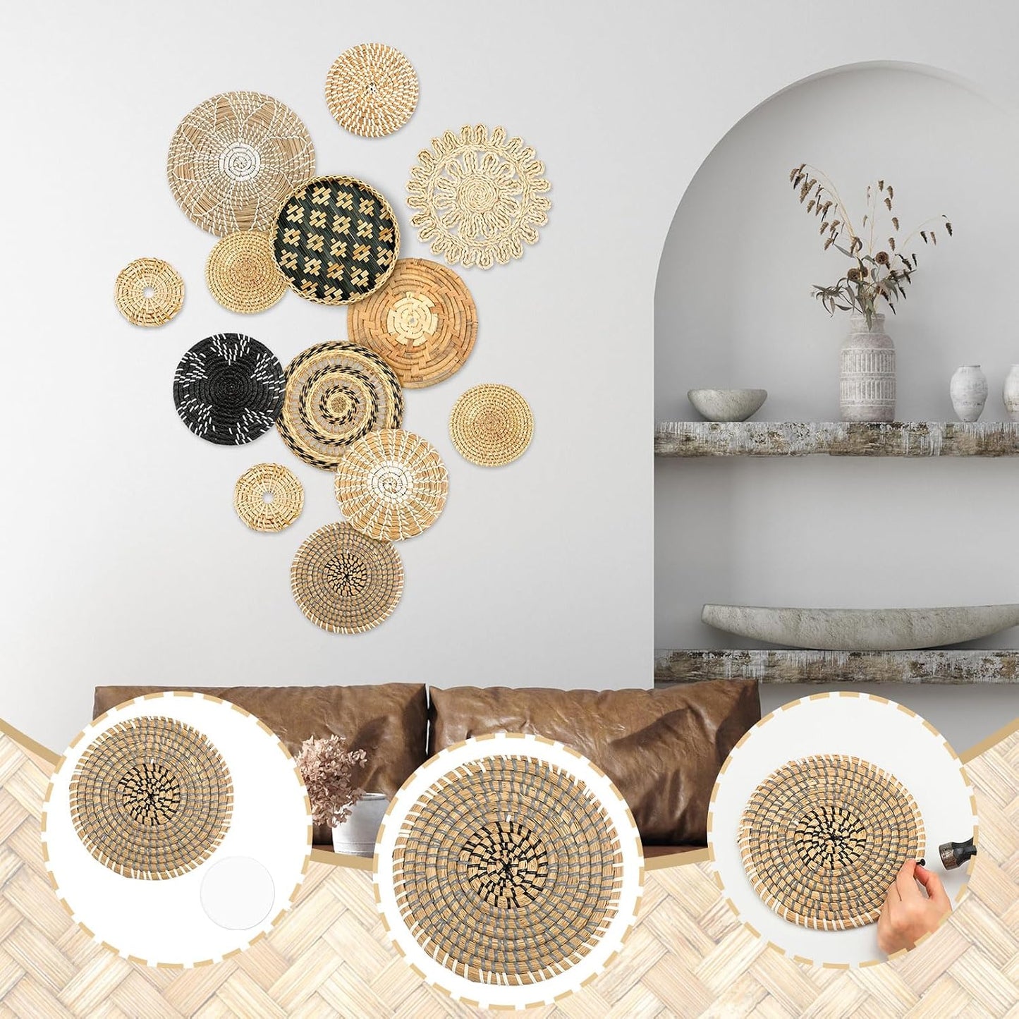 Boho Wall Basket Decor Woven Rattan Flat Baskets Handmade Boho Wicker Bamboo / Retro / Set of 13