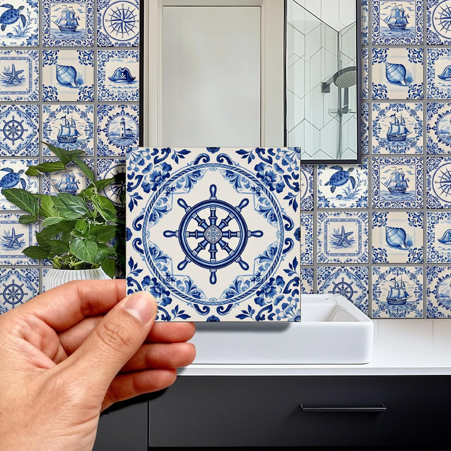 9 Style Vintage Pattern Peel and Stick Wall Tile Sticker Boats / Nautical Elements / Set of 72