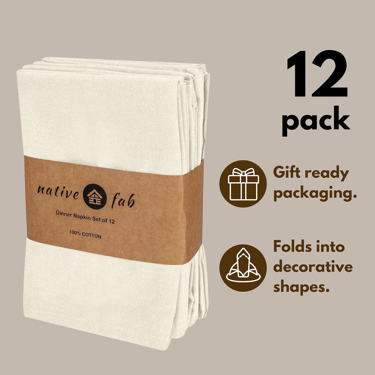 Native Fab Cloth Dinner Napkins, 12 Pack, 100% Cotton, 17x17 Inches, Soft Texture, Machine Washable, Colorfast