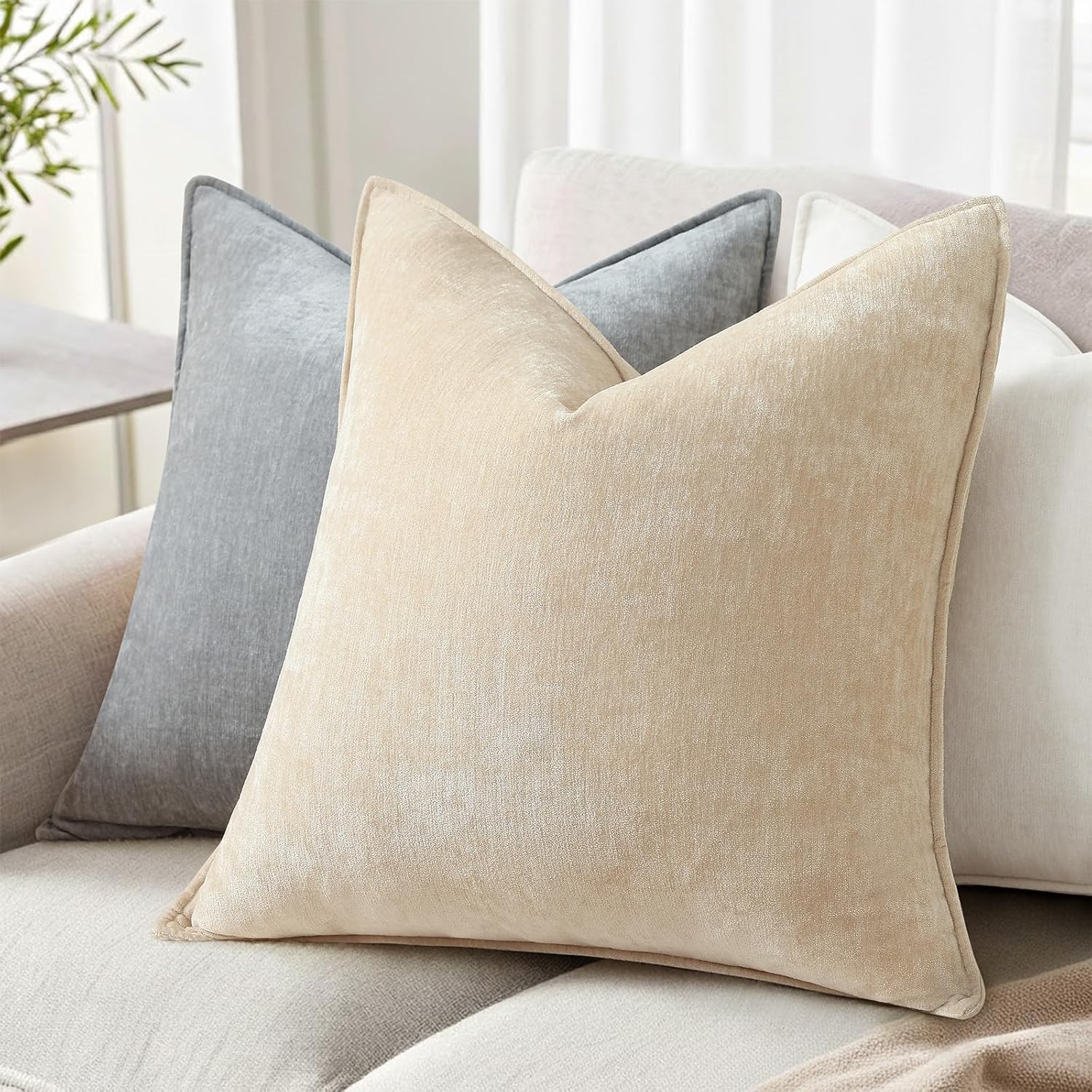 Decorative Soft Velvet Modern Chenille Pillow Cases / Natural Beige / 20 x 20 / Set of 2