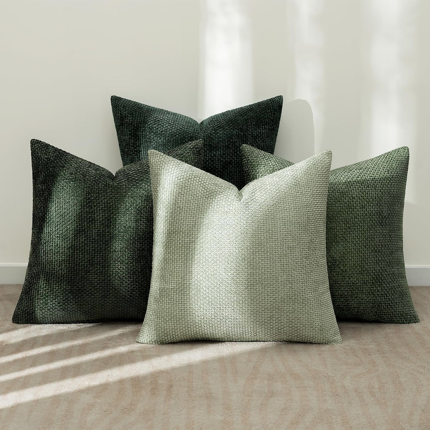 Couch Throw Pillow Covers Soft Decorative Chenille Pillow Covers / 18 x 18 / Green / Set of 4