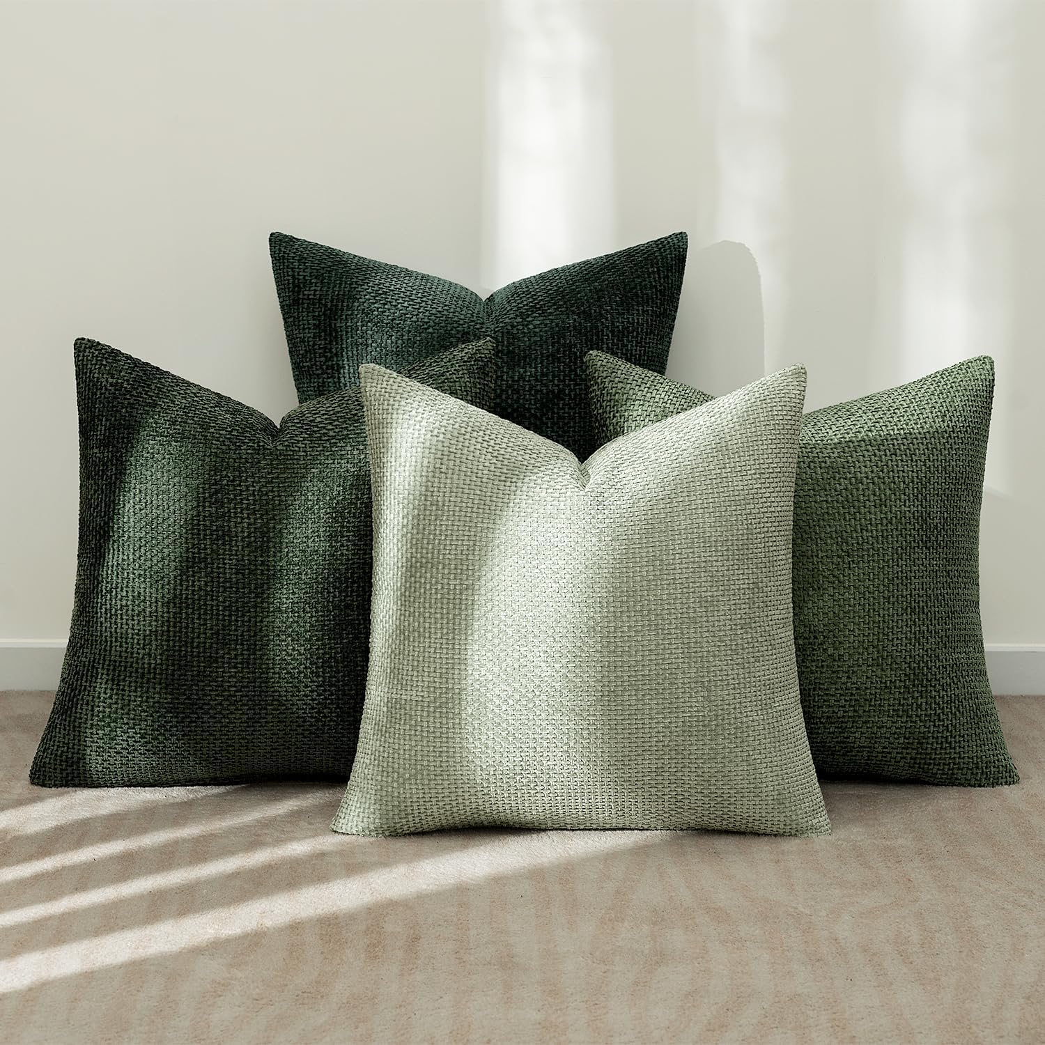 Couch Throw Pillow Covers Soft Decorative Chenille Pillow Covers / 18 x 18 / Green / Set of 4