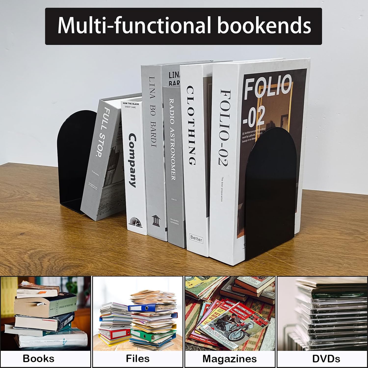 Metal Book Ends / Black / Set of 8