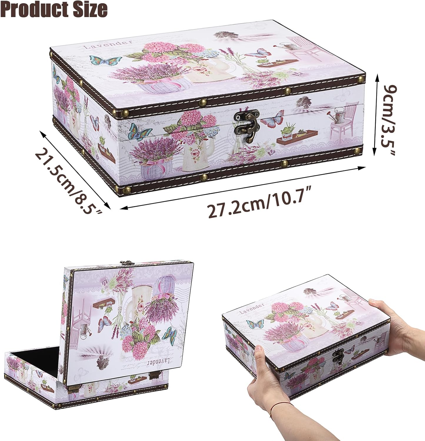 Wooden Treasure Chest Box / Lavender Pattern