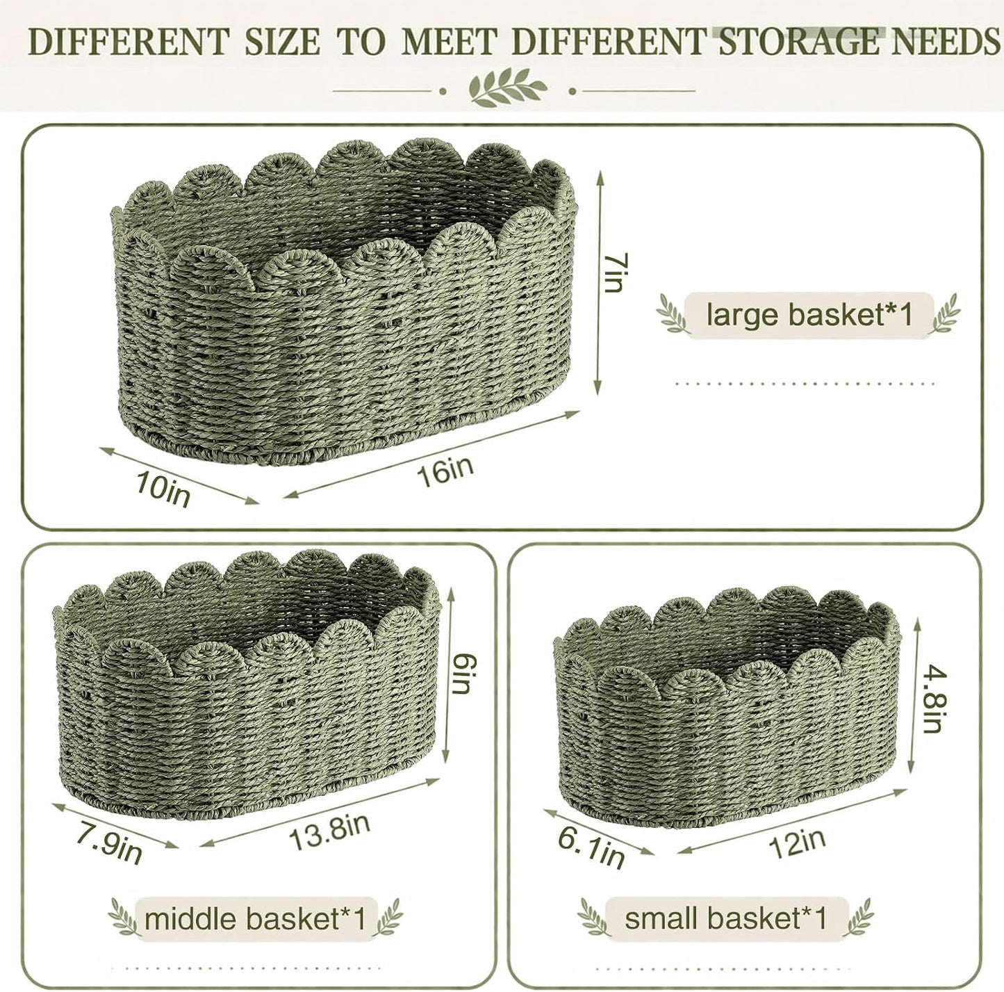 Scalloped Baskets for Organizing Paper Rope Storage Baskets Shelves / Sage Green / Set of 3