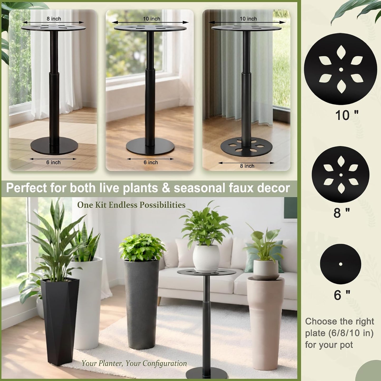 Adjustable Plant Risers for Inside Pots, 10-17 Inch Lift Height | Round Planter Insert for Tall Pots, 2 Stands, 2 x 8"