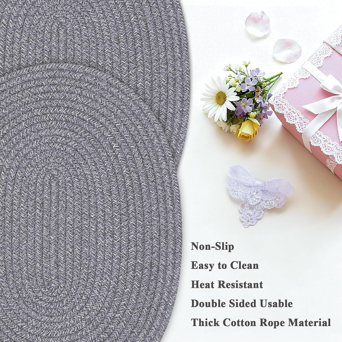 Oval Woven Placemats Set of 6, Boho Cotton Rope Braided Table Mats, 17x13 Inches Non Slip Heat Resistant Place Mats for