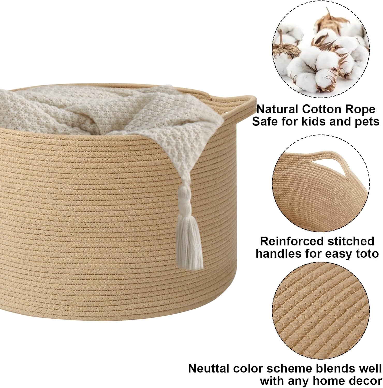 Woven Rope Laundry Basket Hamper / Camel / 19.7"L x 19.7"W x 13"H