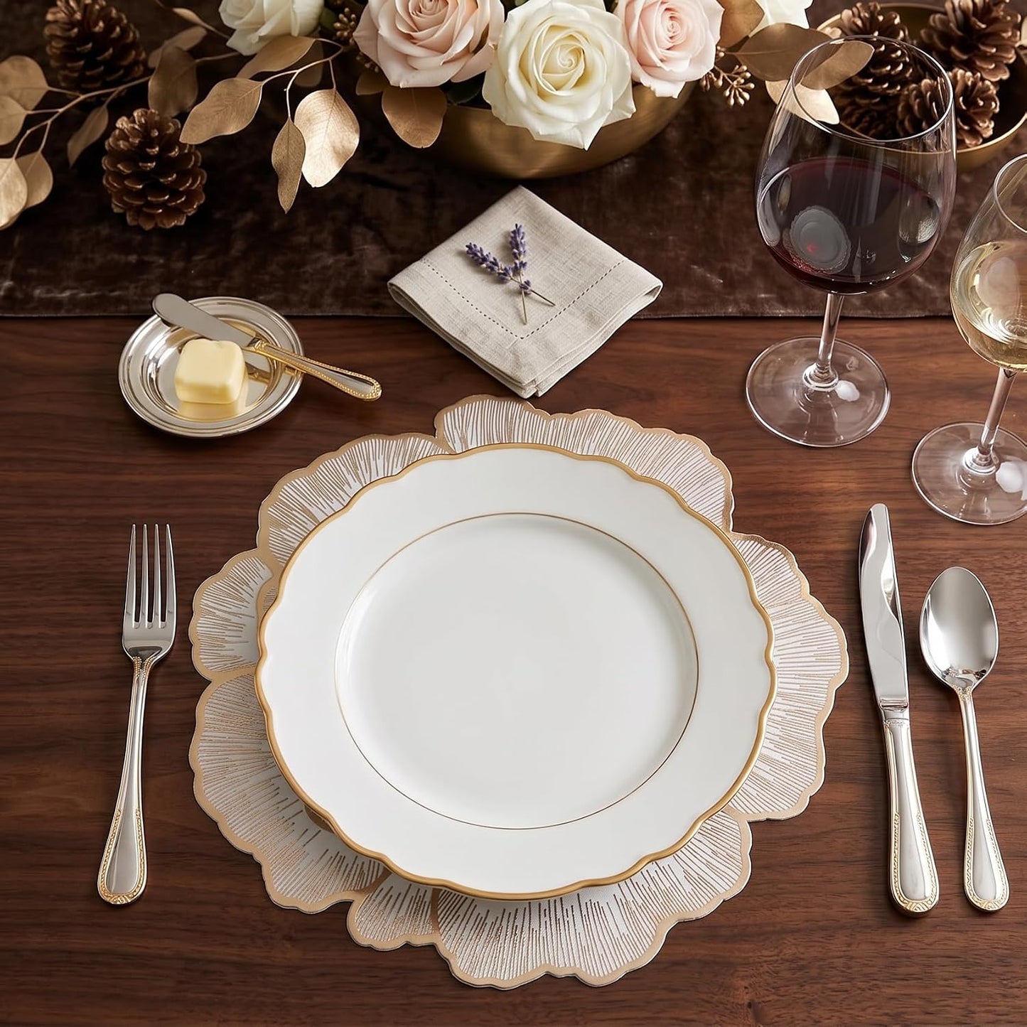 FAVE 8PCS Golden Placemats Set of 8 Gold Floral Round Placemats | Reusable Vinyl Table Mats for Wedding Banquets Party