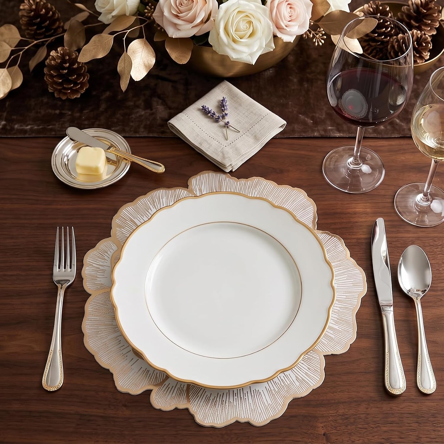 FAVE 8PCS Golden Placemats Set of 8 Gold Floral Round Placemats | Reusable Vinyl Table Mats for Wedding Banquets Party