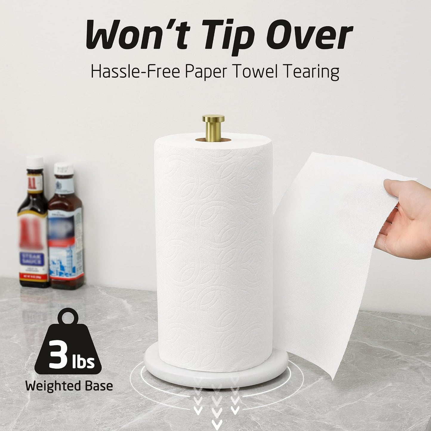 KES Natural Marble Paper Towel Holder Gold Countertop, Brushed Gold | Kitchen Standing Paper Towel Holders, Heavy