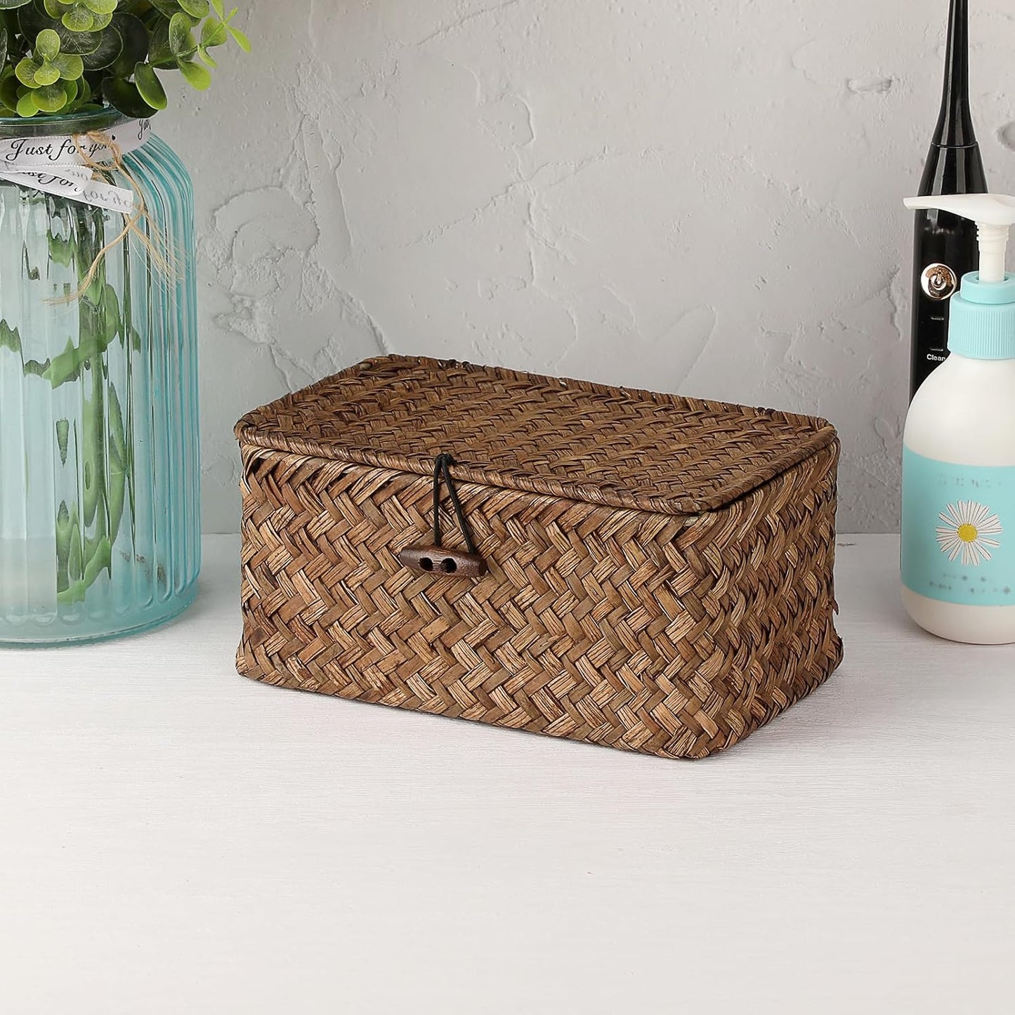 Handwoven Seagrass Basket Wicker Shelf Basket / 7.0"L x 4.3"W x 3.3"H / Coffee Color