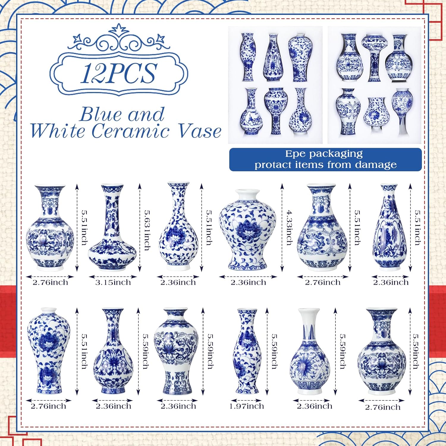 Small and White Vase Mini Porcelain Chinoiserie Bud Vase Vintage / Classic / Blue / Set of 12