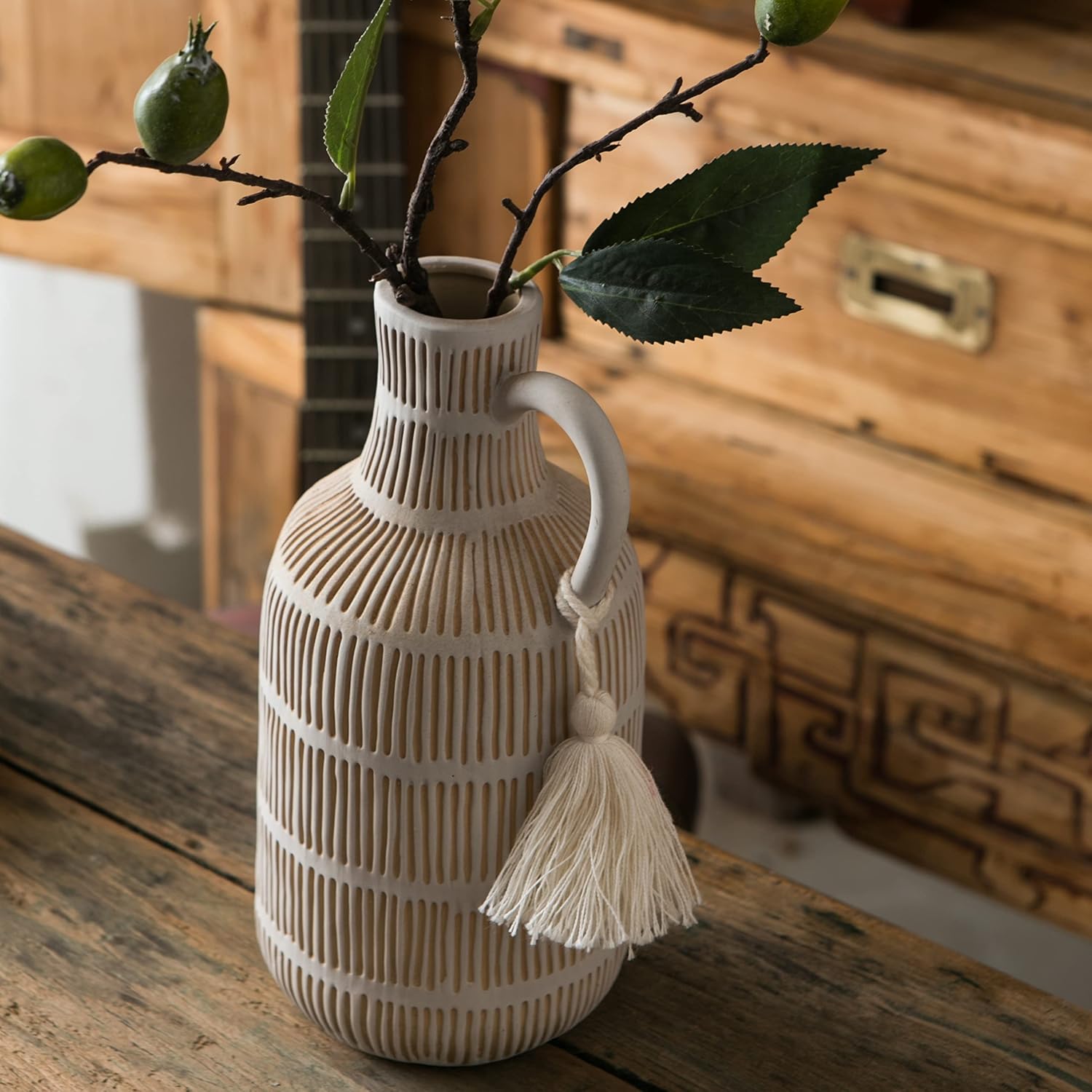 Farmhouse Vase / Grey Yellow Vertical Stripes Design Clay Vase 10'' Tall / Gray - Long