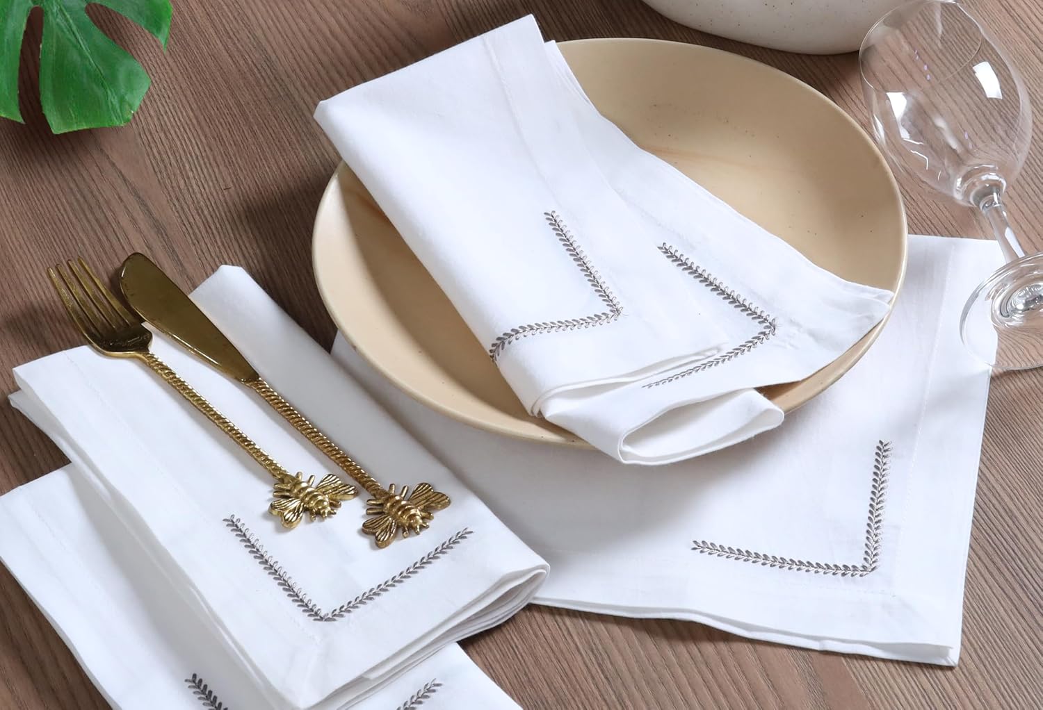Bedding Craft Cotton Cloth Dinner Napkins Set of 12 – 18x18 with Decorative Embroidery & Selvedge – Machine Washable