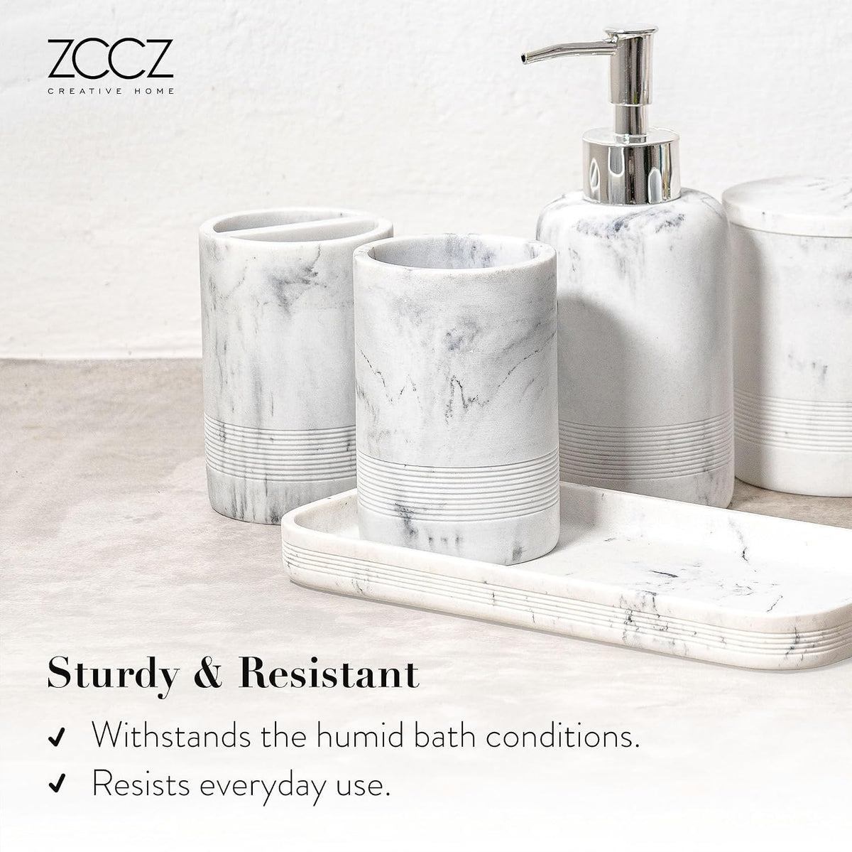 White Marble Bathroom Accessories Set 6 Pieces - Toothbrush Holder, Lotion Dispenser, Qtip Container, Vanity Tray