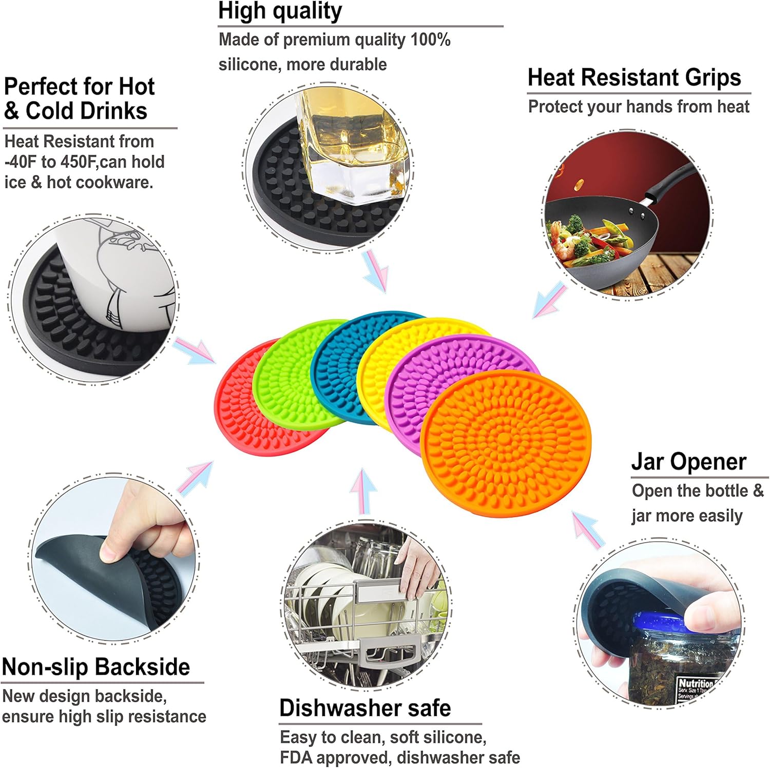 Rubber Drink Coaster Set / Rainbow-oval Buds / Set of 6