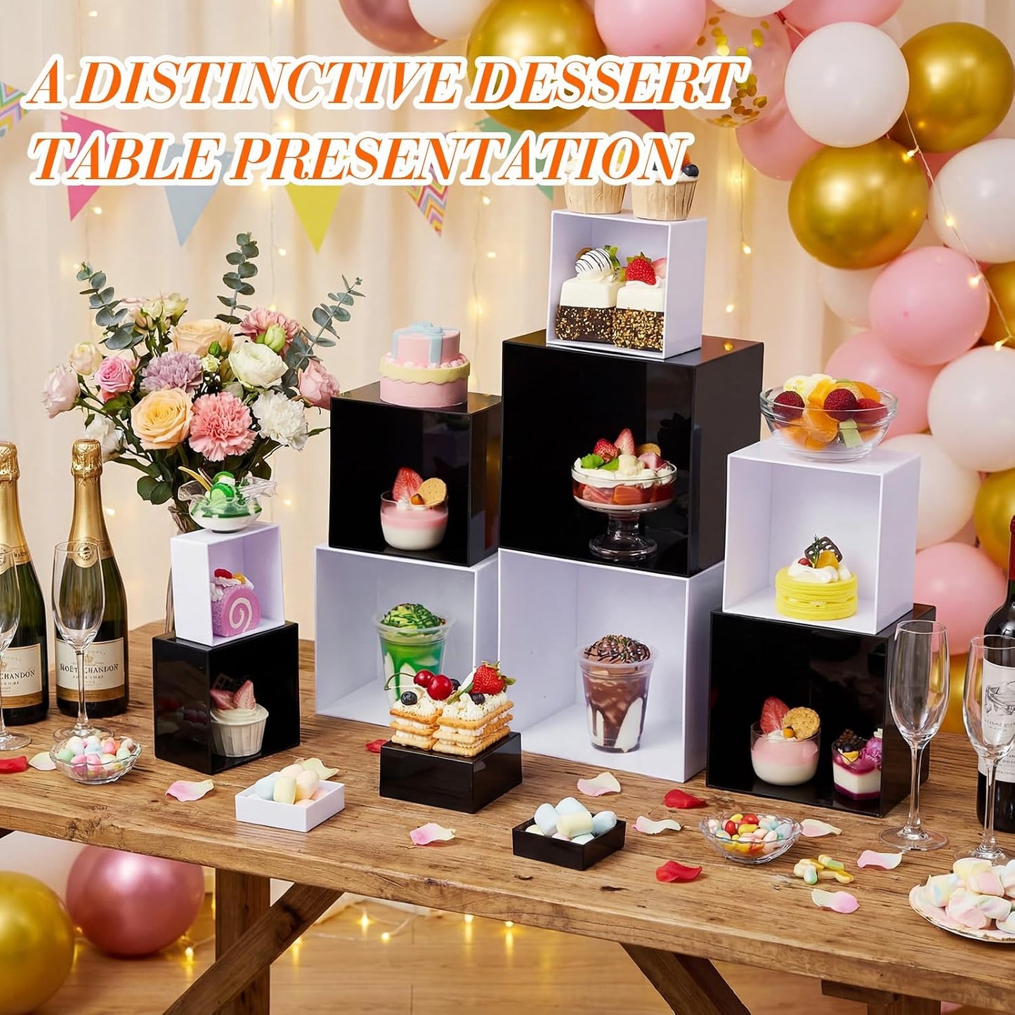 Acrylic Buffet Risers Stands for Food Display Cubes Box / Black / 3 To 8 Inch / Square / 8 Inch