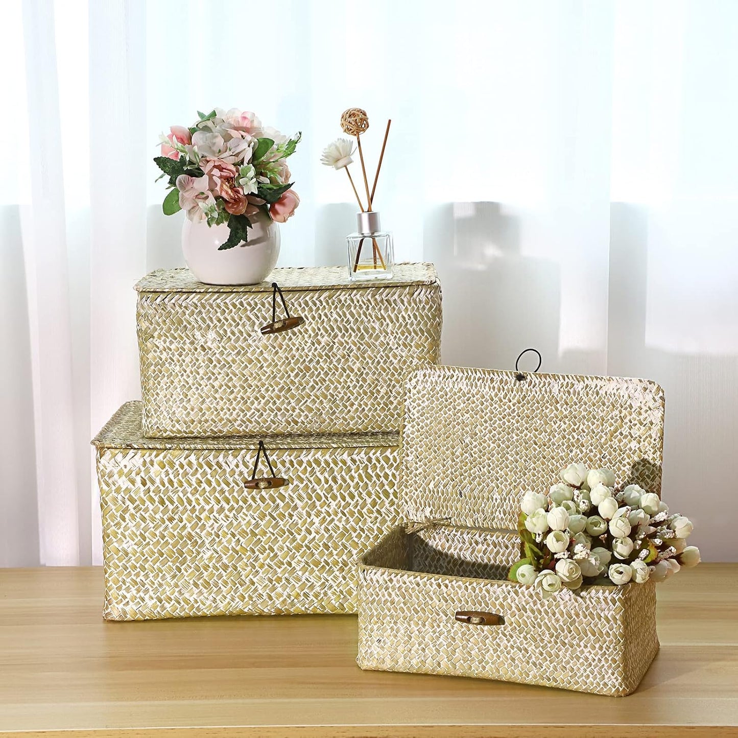 Wicker Storage Baskets / 14.6 x 9.5 x 7.3 / Large / Whitewash / Set of 3