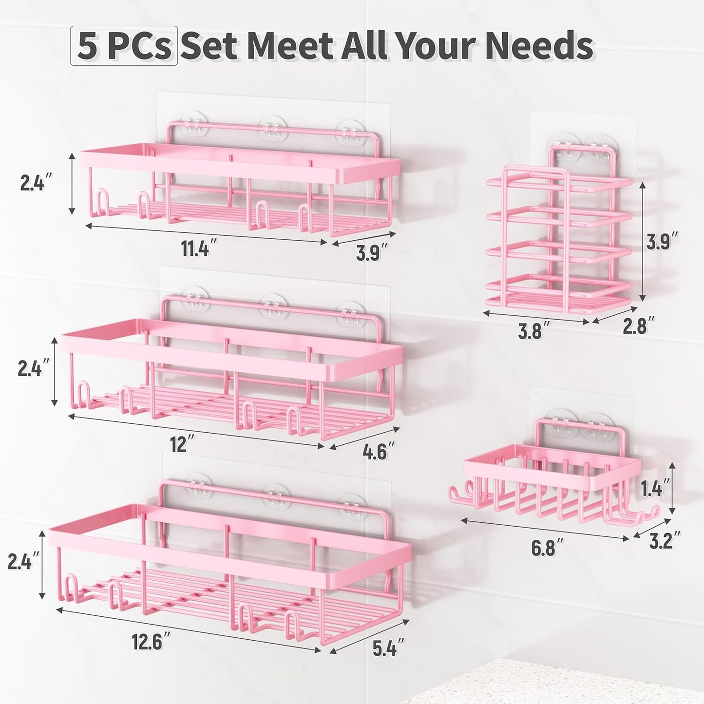 Adhesive Bathroom Wall Storage Basket Rustproof / Pink / Set of 5