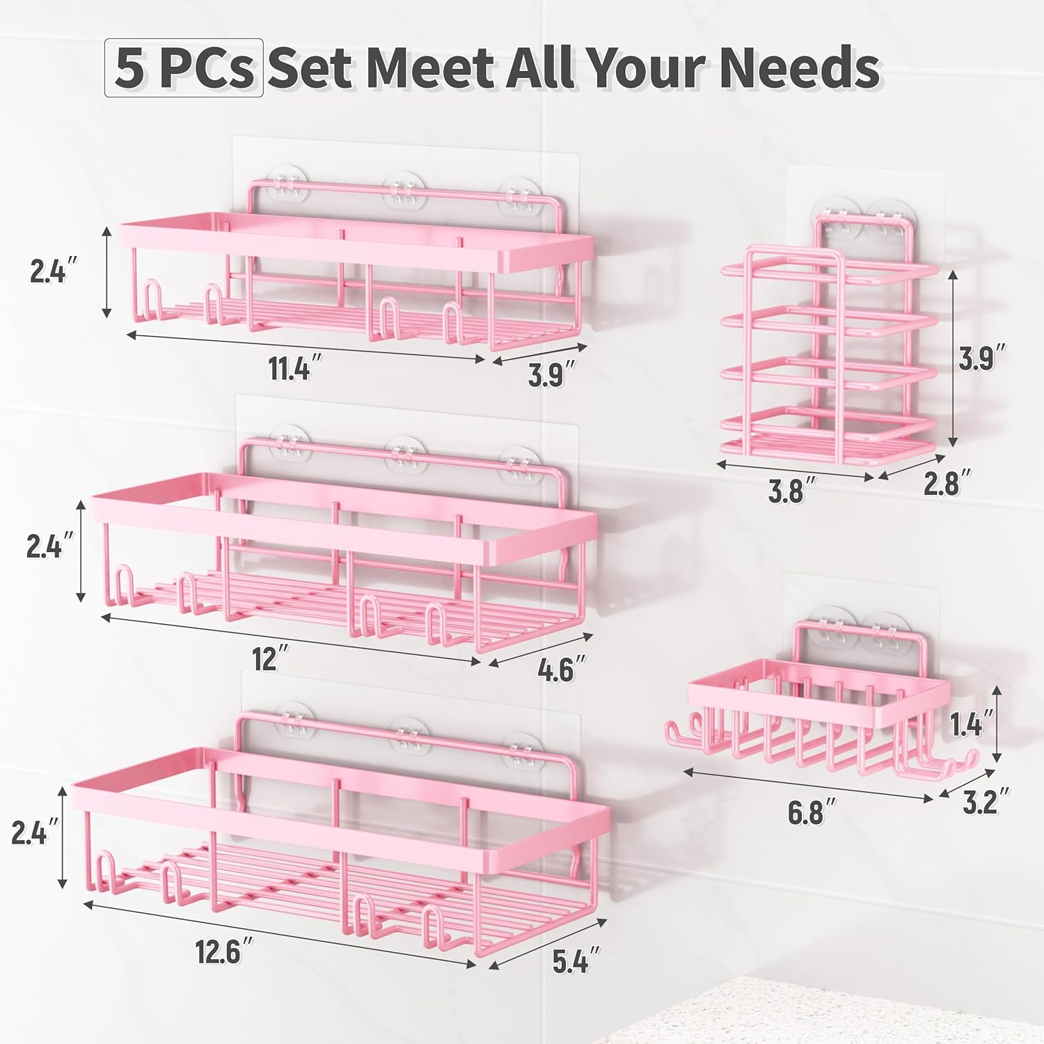Adhesive Bathroom Wall Storage Basket Rustproof / Pink / Set of 5